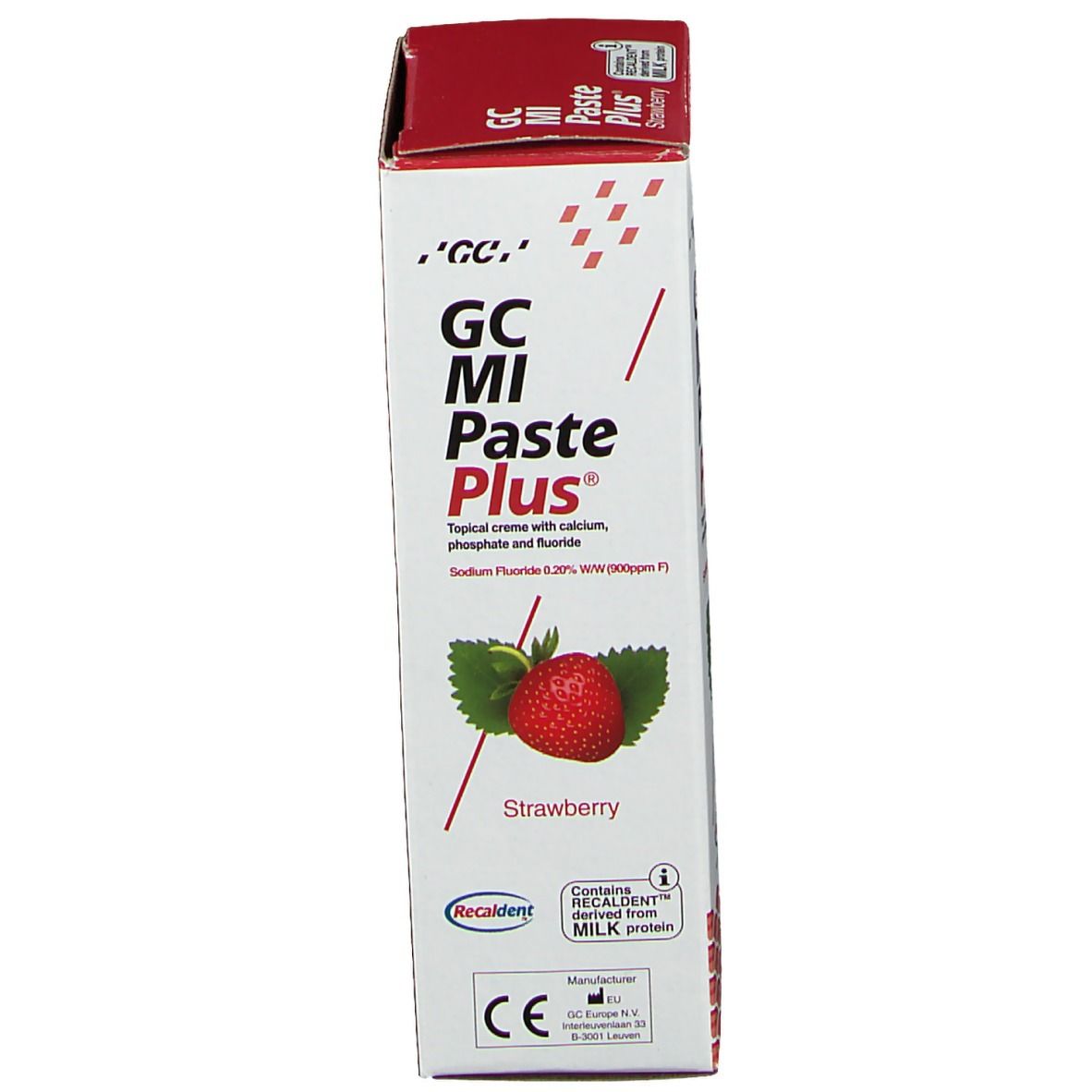 GC MI Paste Plus Aardbei: Tandpasta met aardbeiensmaak, bevat Recaldent afkomstig van melkeiwit.