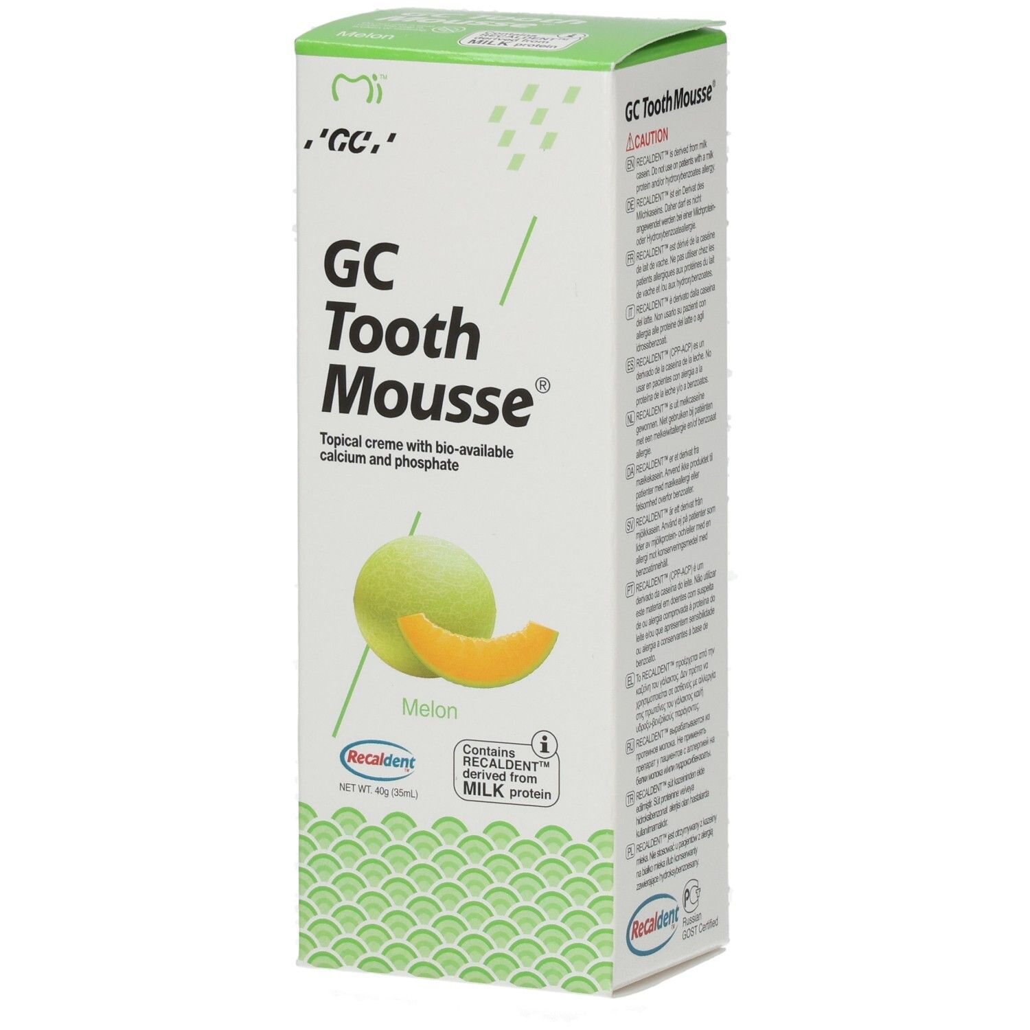 Tandcrèmetube met meloensmaak. Bevat calcium en fosfaat. Merk: GC Tooth Mousse.