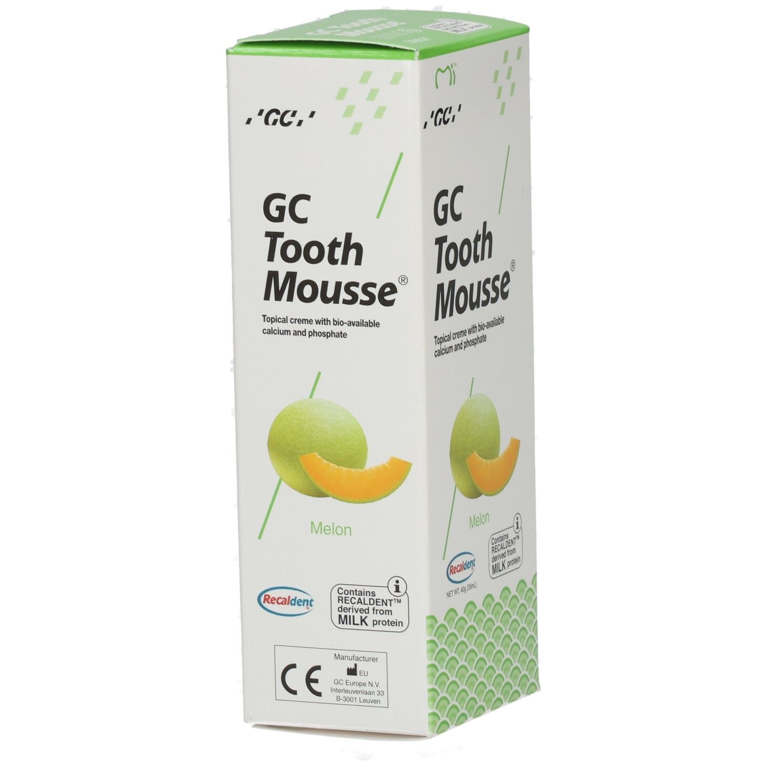 Doos van GC Tooth Mousse, meloensmaak. Bevat calcium en fosfaat. Met melkeiwit.