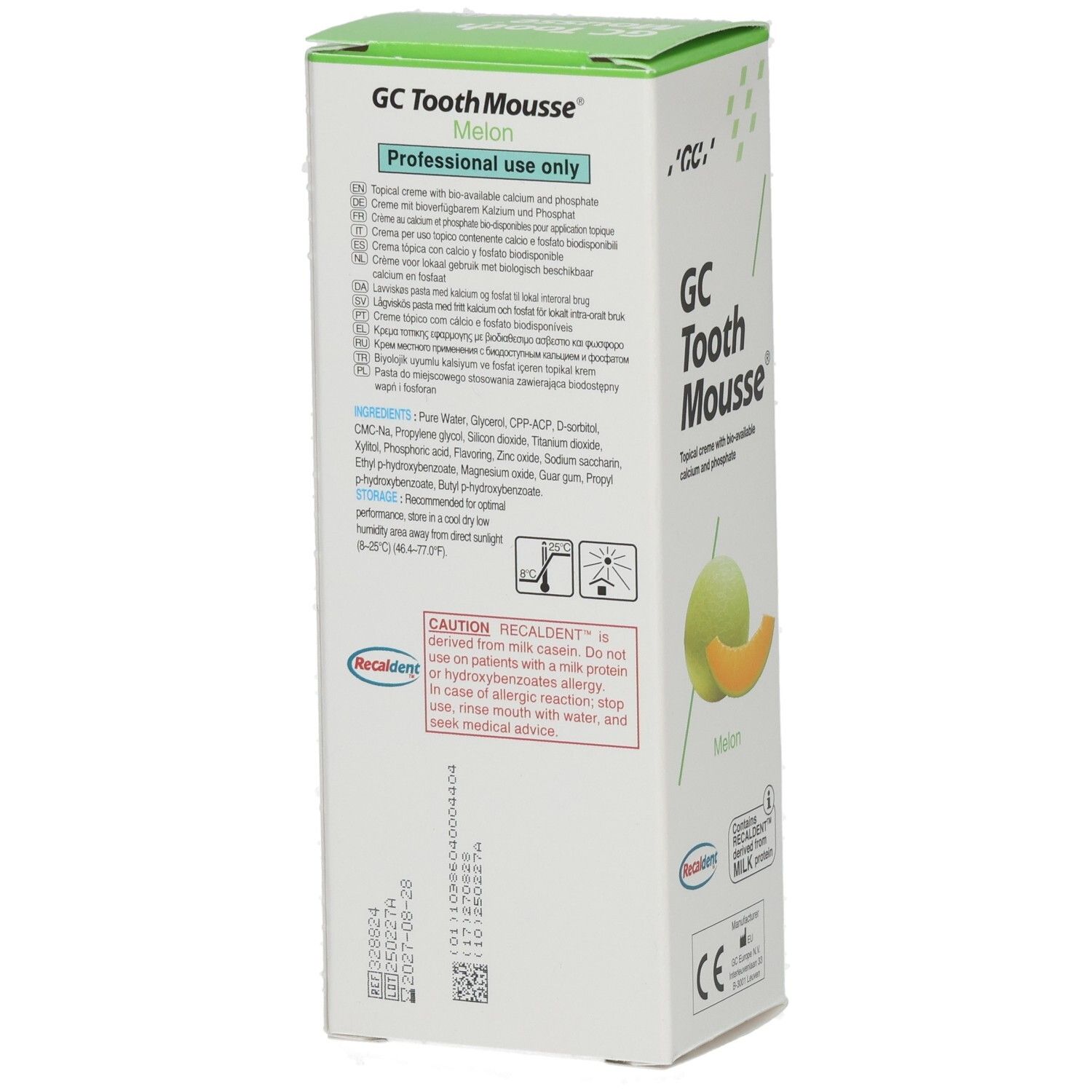 Achterkant van de GC Tooth Mousse verpakking. Bevat ingrediënten en waarschuwingen. Meloensmaak.