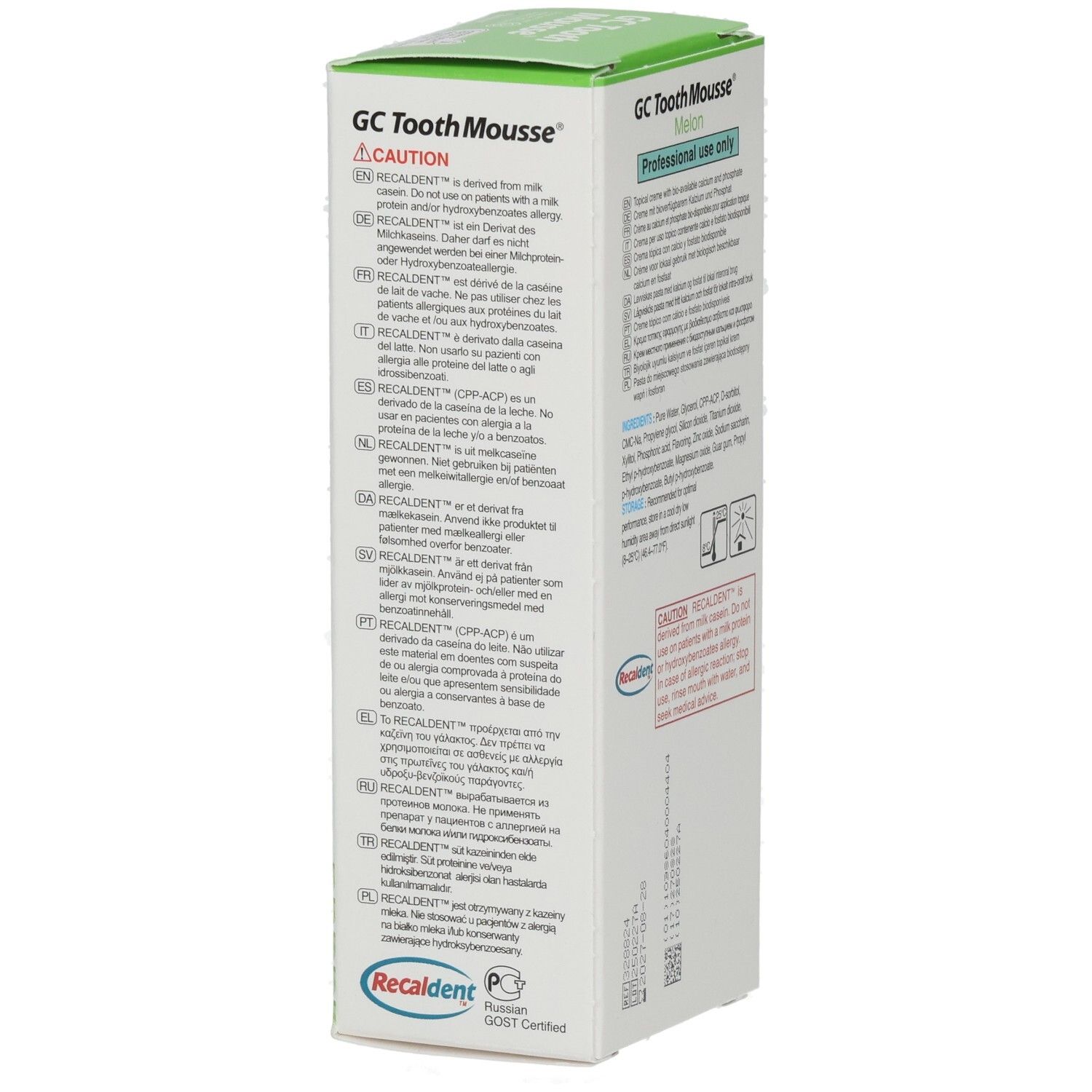 Verpakking van GC Tooth Mousse, meloensmaak. Bevat calcium en fosfaat. Met melkeiwit.