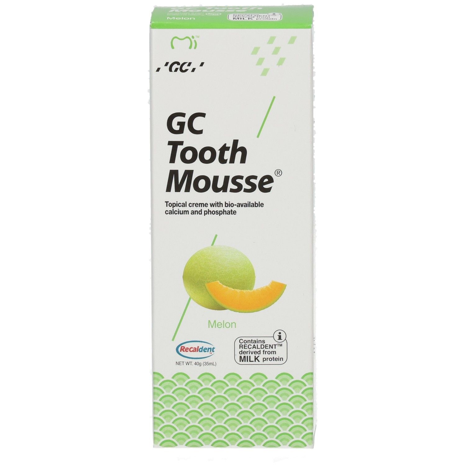 Verpakking van GC Tooth Mousse, meloensmaak. Bevat calcium en fosfaat. Met melkeiwit.