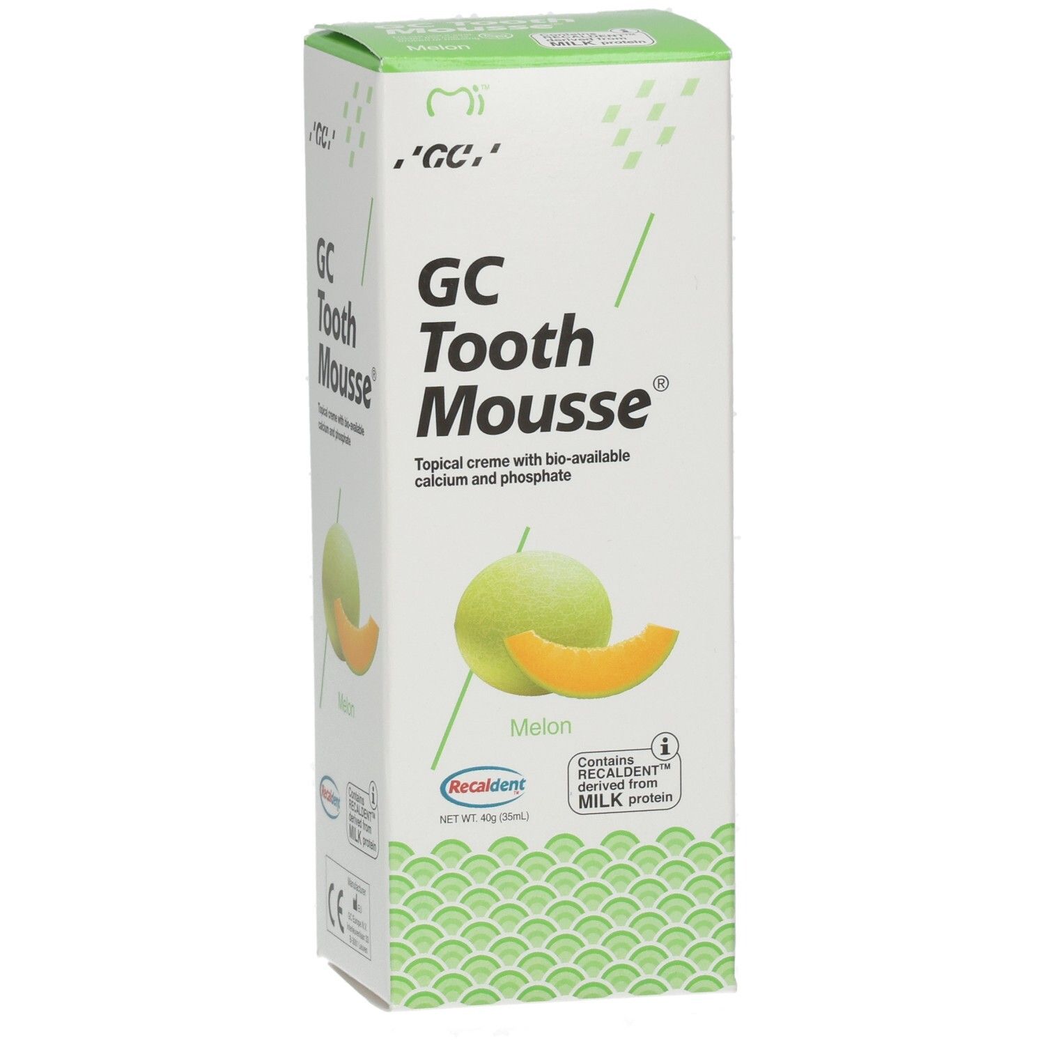 Verpakking van GC Tooth Mousse, meloensmaak. Bevat calcium en fosfaat. Met melkeiwit.