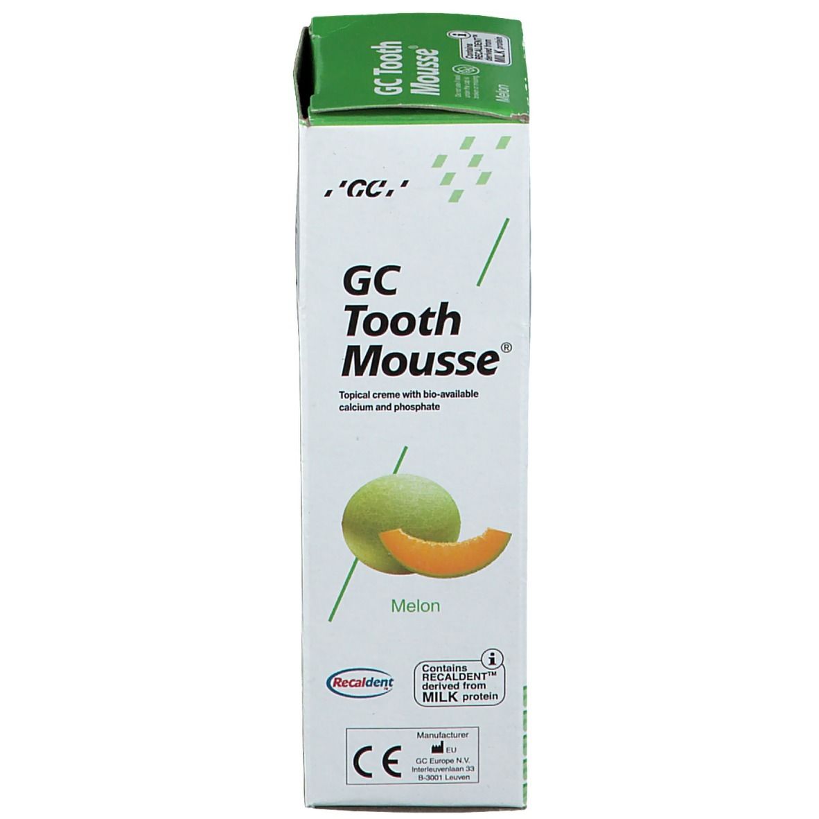 Verpakking van GC Tooth Mousse, meloensmaak. Bevat calcium en fosfaat. Met melkeiwit.