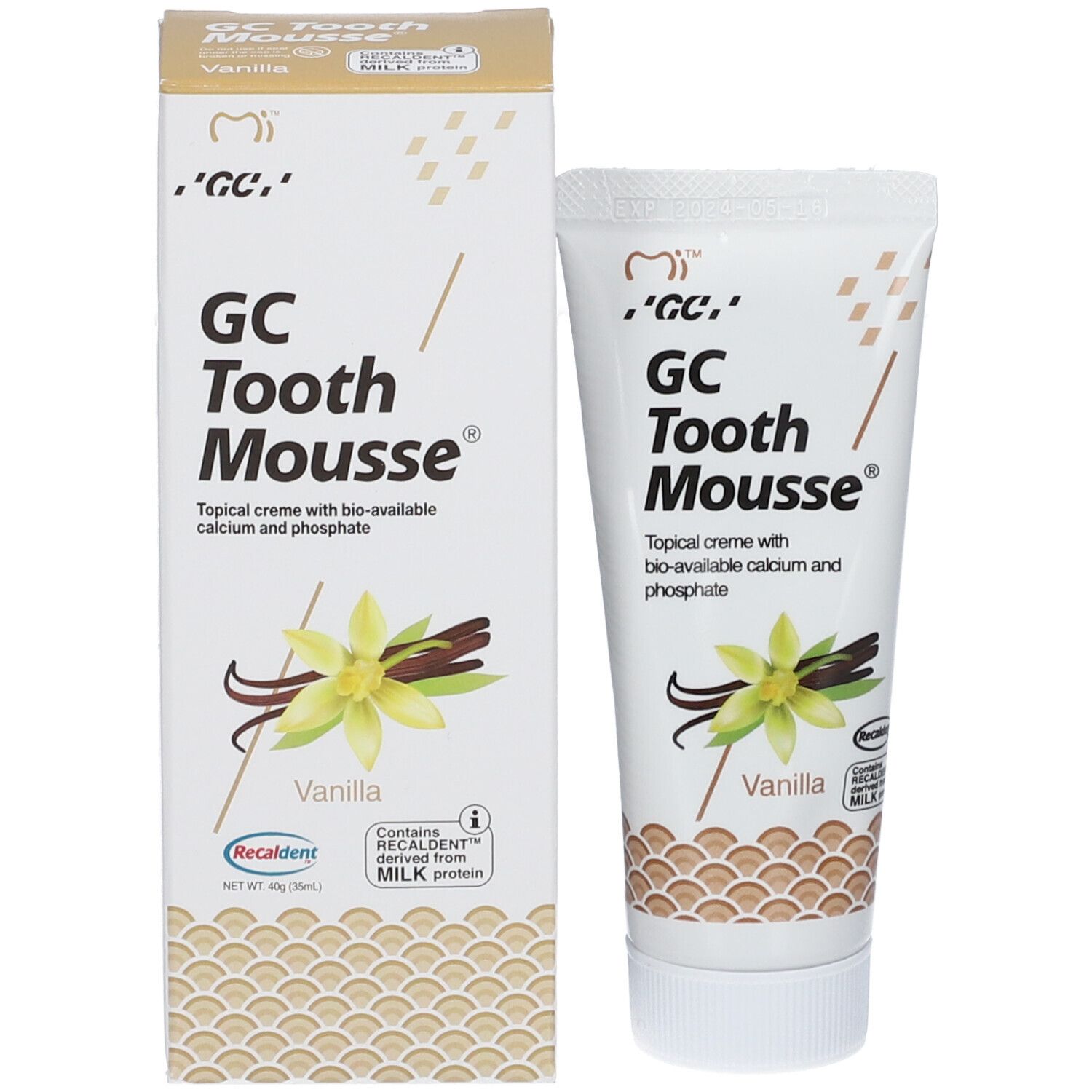 GC Tooth Mousse, saveur vanille, tube et boîte. Contient du calcium et du phosphate bio-assimilables.