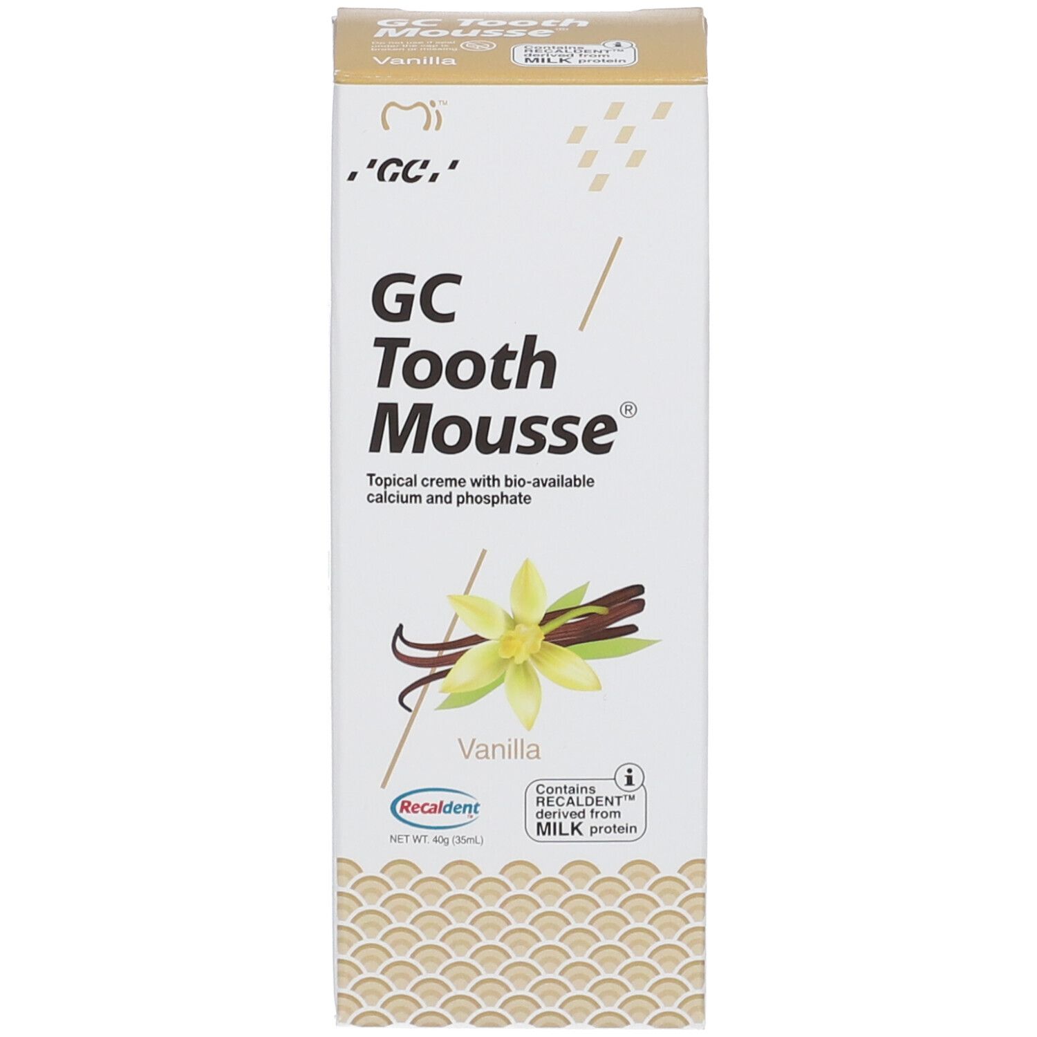 Emballage GC Tooth Mousse Vanille avec image de fleur et gousses de vanille.