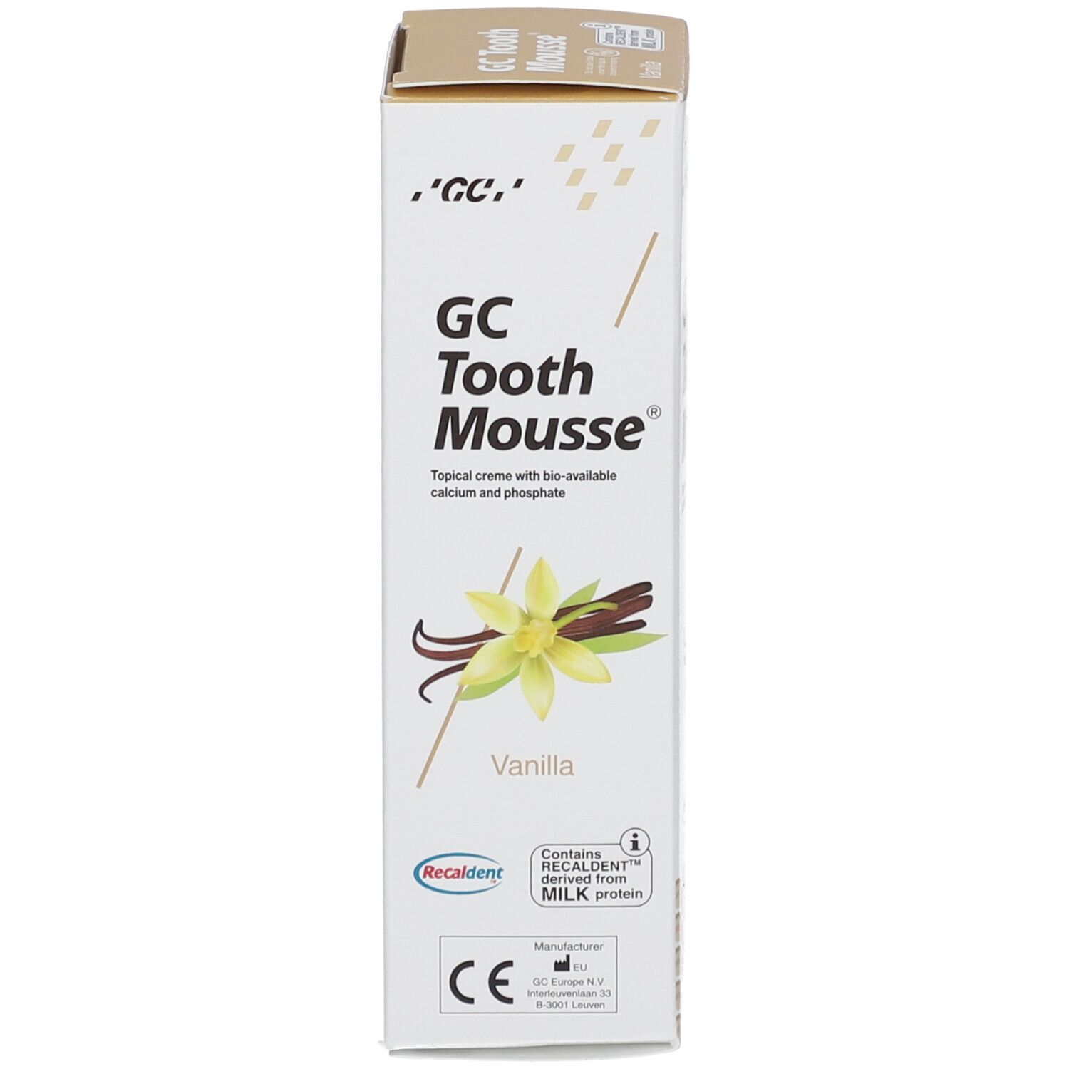 Emballage de GC Tooth Mousse, saveur vanille. Contient Recaldent dérivé de protéines de lait.