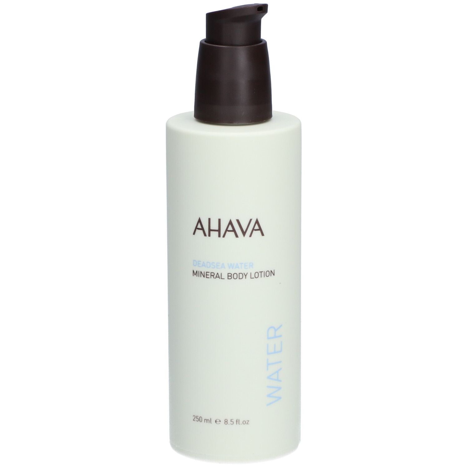 AHAVA Mineral Body Lotion. Witte fles met bruine pomp. Tekst: AHAVA, DEADSEA WATER, Mineral Body Lotion, WATER.