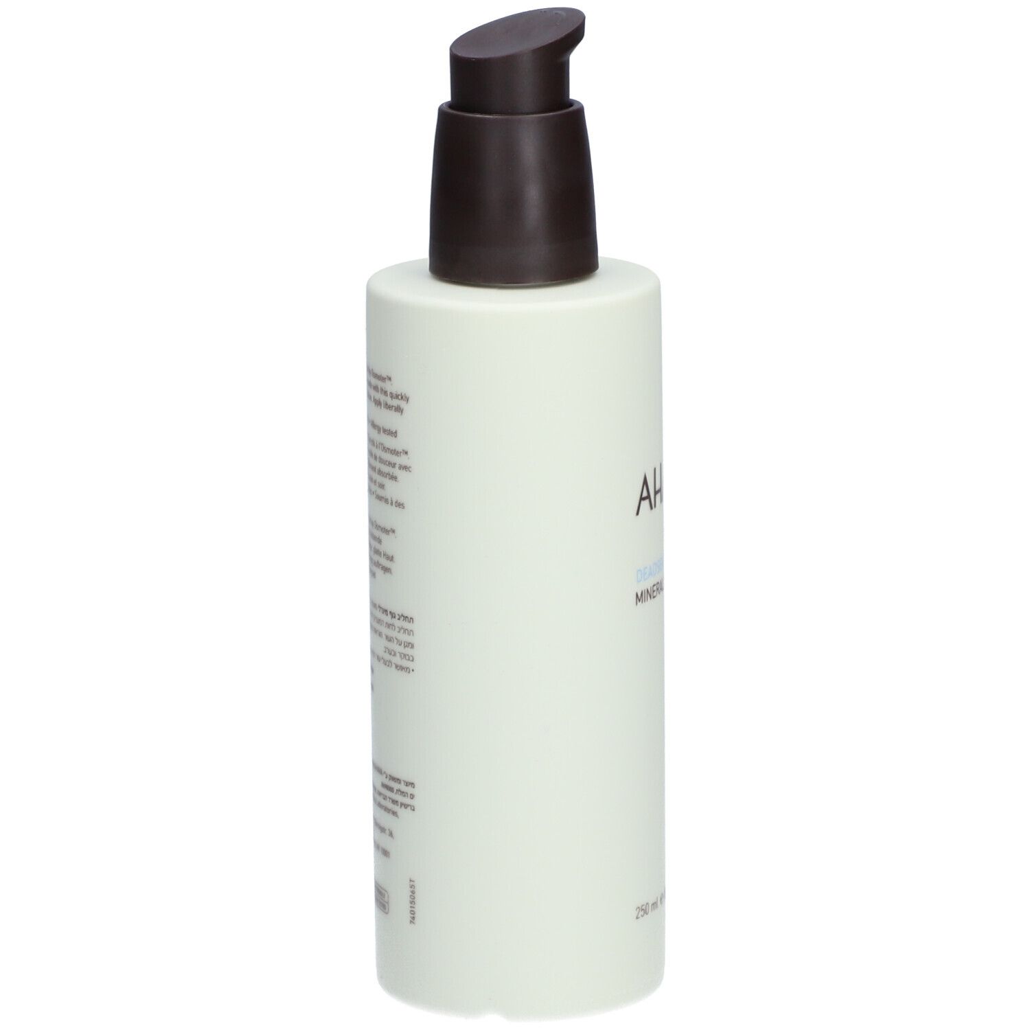 AHAVA Mineral Body Lotion. Achterkant witte fles met tekst. Bruine pomp. Tekst: AHAVA, DEADSEA WATER, Mineral Body Lotion.