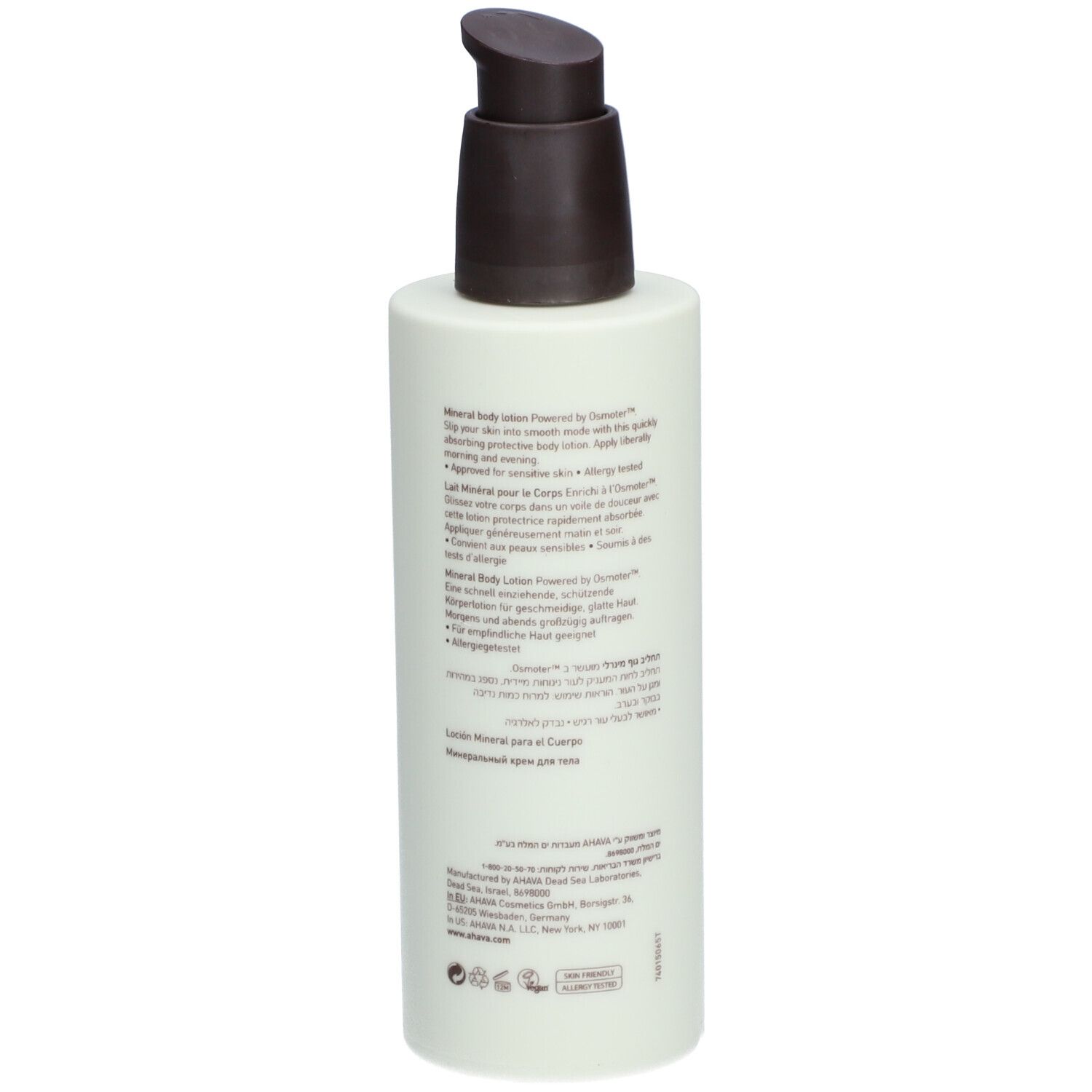AHAVA Mineral Body Lotion. Achterkant witte fles met tekst. Bruine pomp. Tekst: AHAVA, DEADSEA WATER, Mineral Body Lotion.