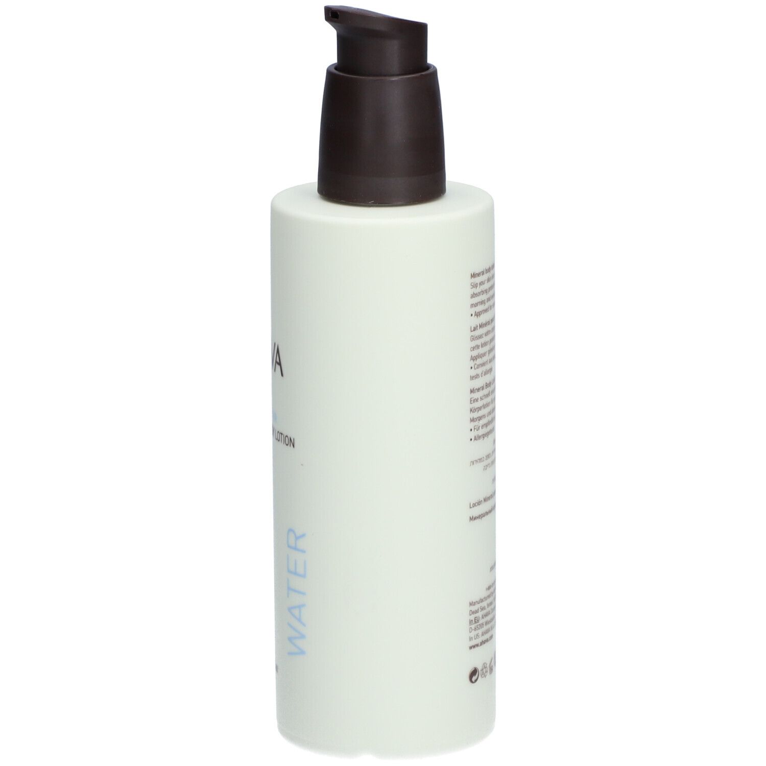AHAVA Mineral Body Lotion. Witte fles met bruine pomp. Tekst: AHAVA, DEADSEA WATER, Mineral Body Lotion, WATER.