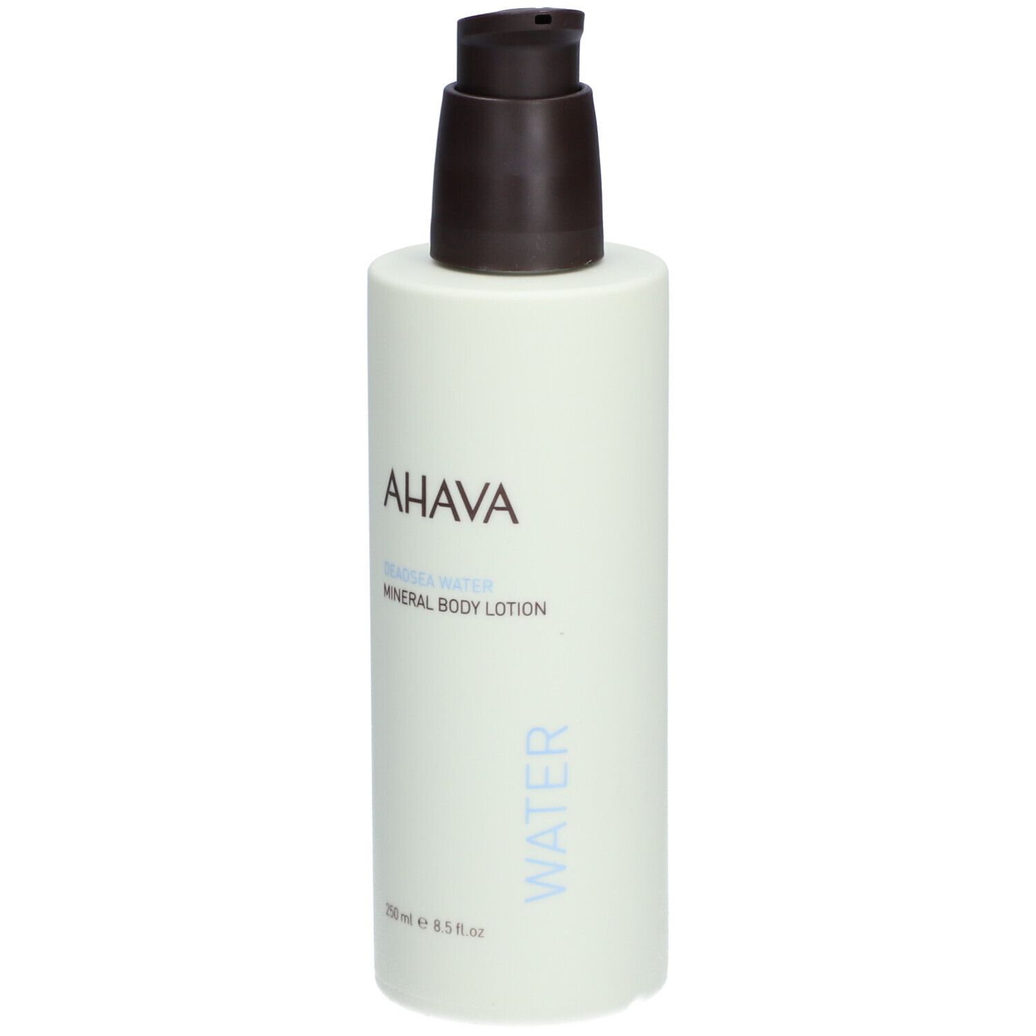 AHAVA Mineral Body Lotion. Witte fles met bruine pomp. Tekst: AHAVA, DEADSEA WATER, Mineral Body Lotion, WATER.