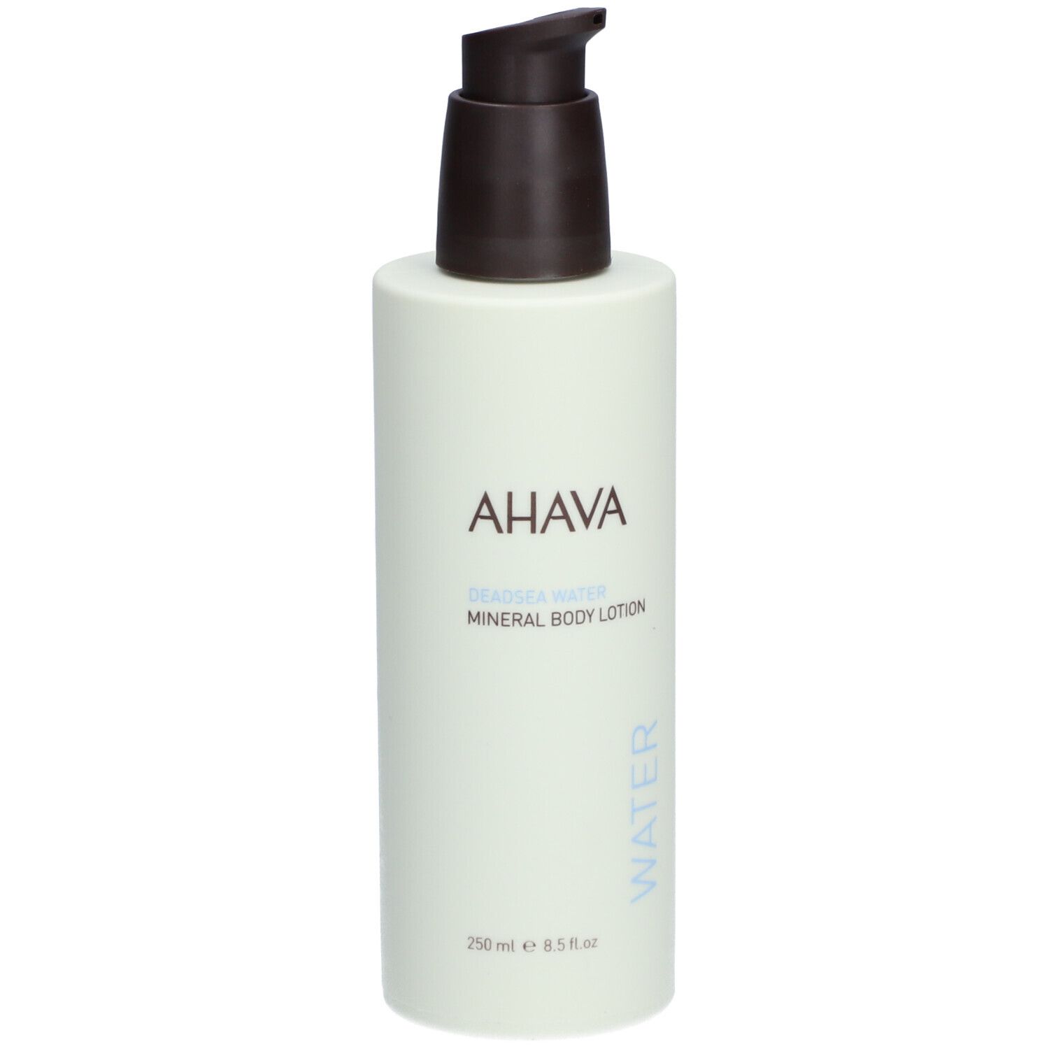 AHAVA Mineral Body Lotion. Witte fles met bruine pomp. Tekst: AHAVA, DEADSEA WATER, Mineral Body Lotion, WATER.