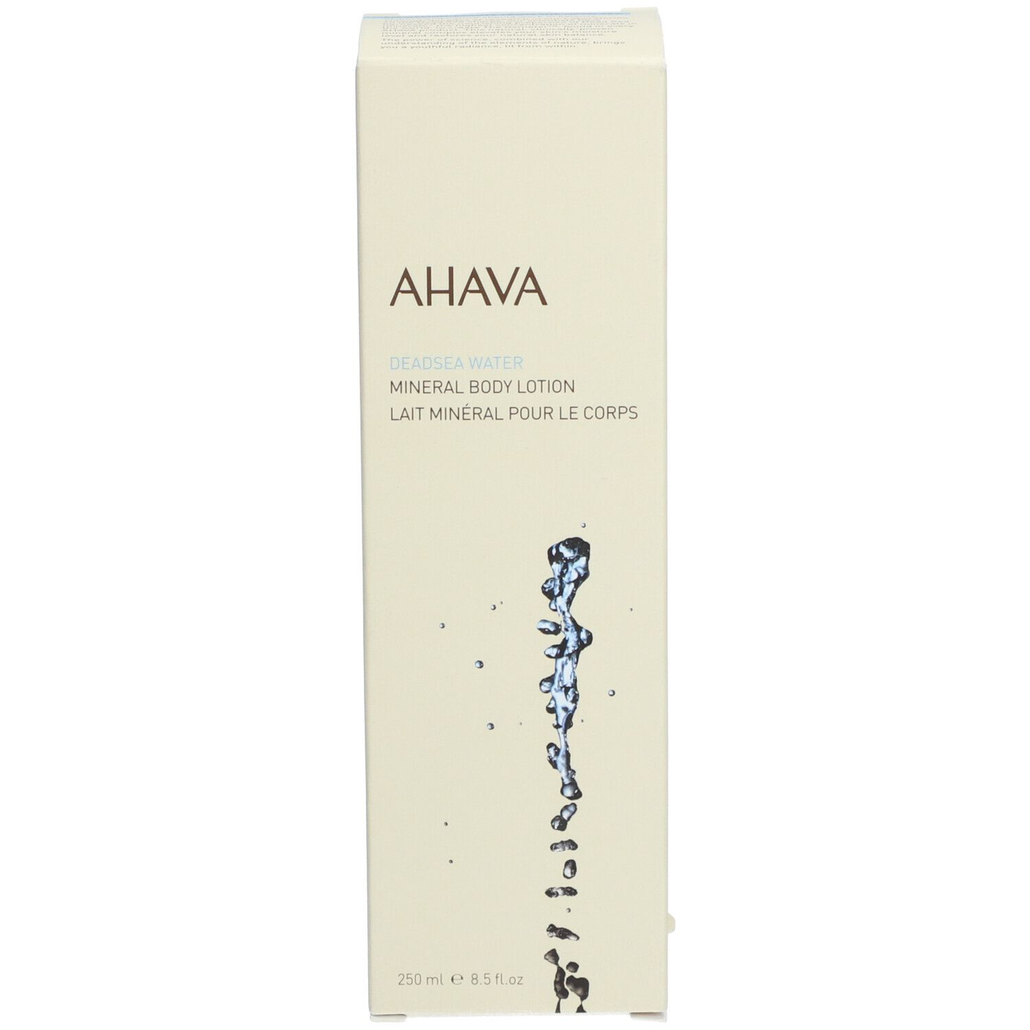 AHAVA Mineral Body Lotion. Verpakking. Tekst: AHAVA, DEADSEA WATER, Mineral Body Lotion, Lait Mineral Pour Le Corps.