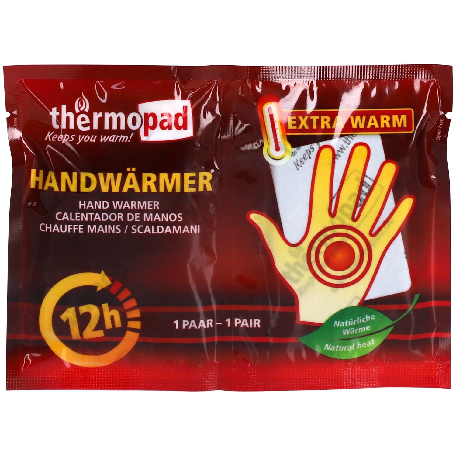 Verpakking handwarmers. Bevat twee handwarmers. Opdruk: hand, temperatuurindicator, 12 uur, Extra Warm. Merk: thermopad.
