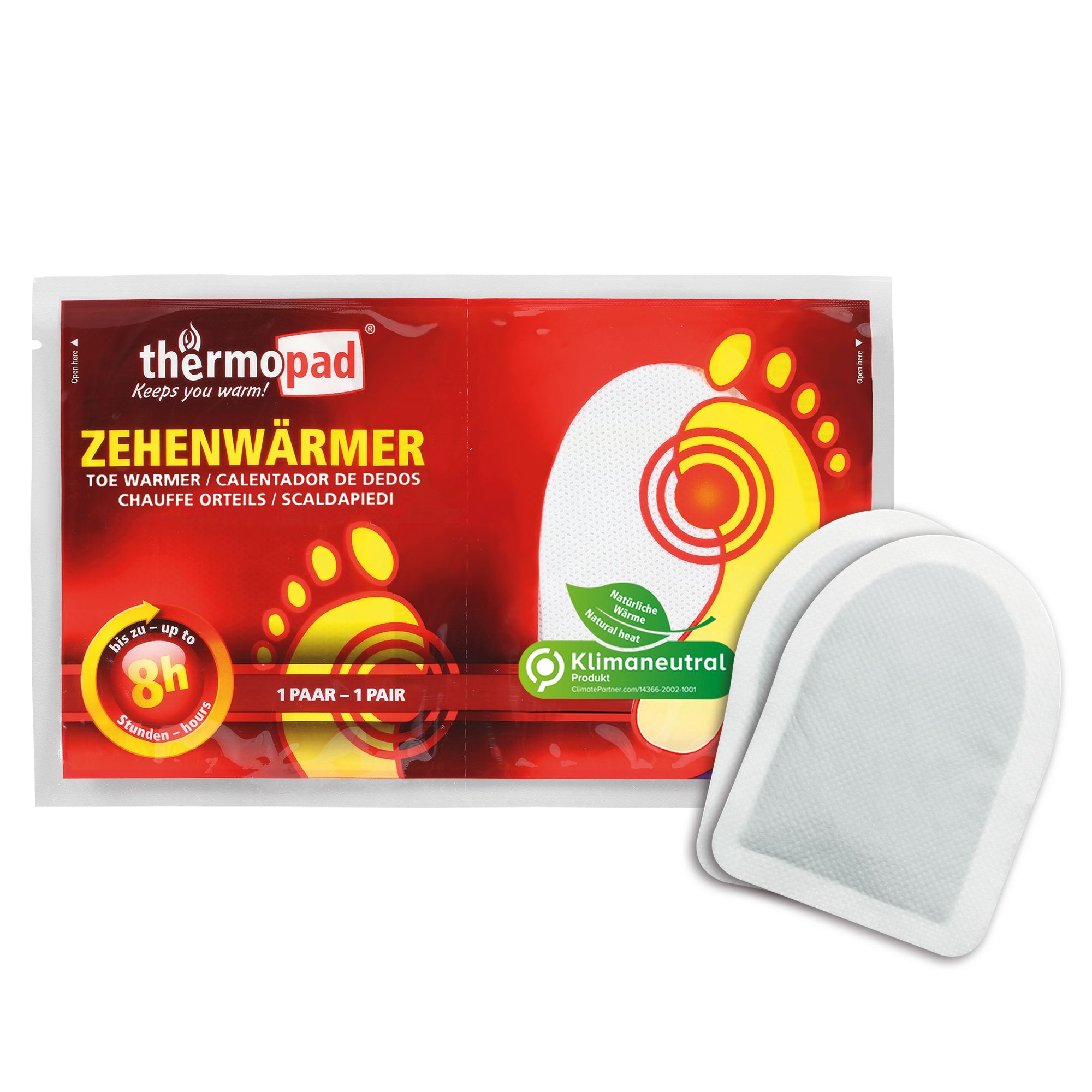 Twee teenwarmers naast een verpakking. Verpakking met productnaam en voetillustratie. Klimaatneutraal label.