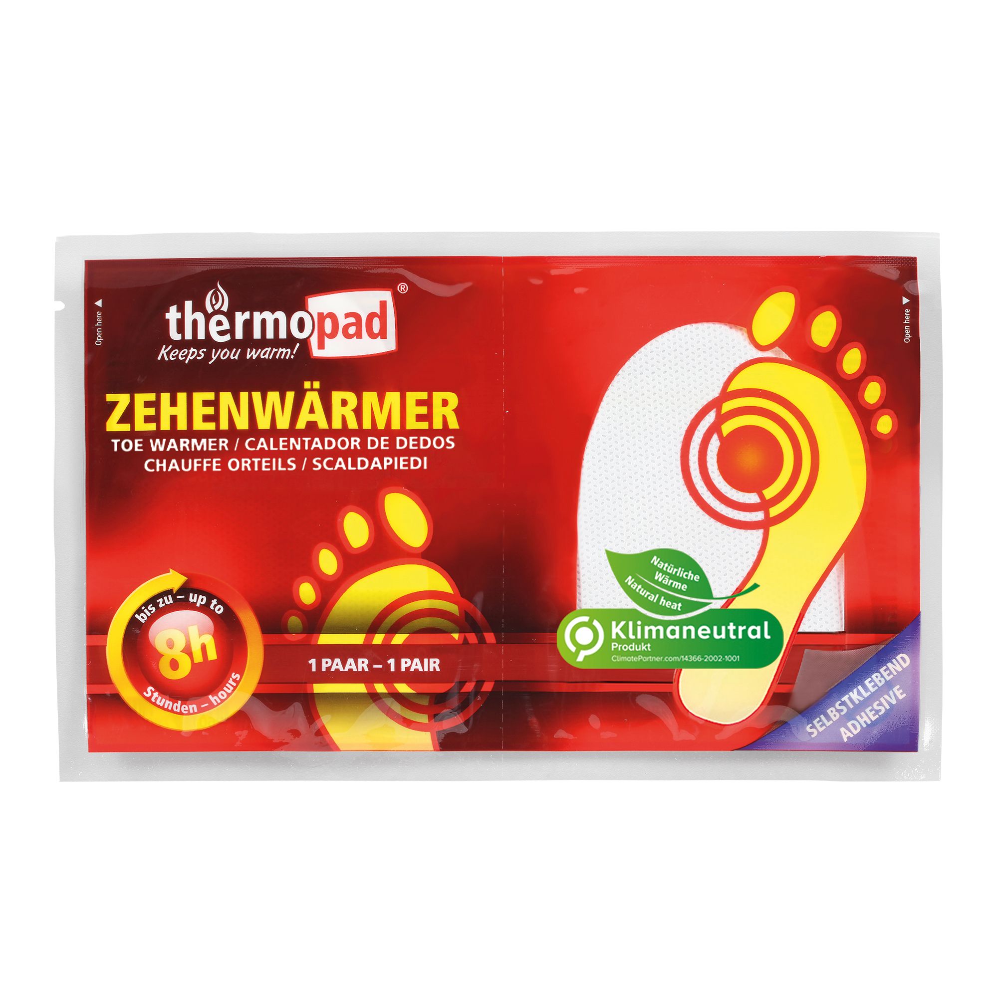 Verpakking met teenwarmers. Productnaam en voetillustratie. Klimaatneutraal label. Sticker: zelfklevend.