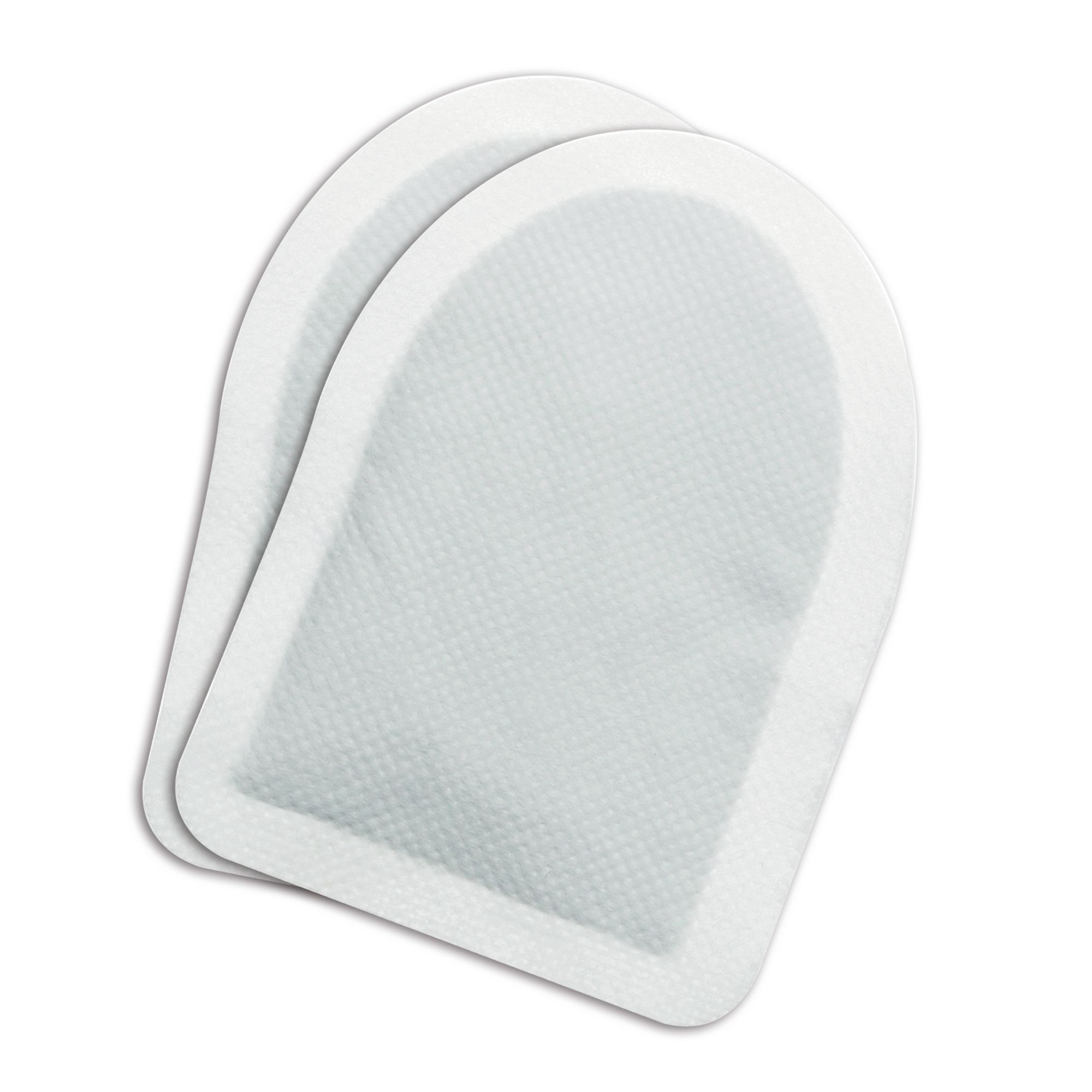Twee witte, ovale teenwarmers. Bovenkant met textieloppervlak. Afgeronde vorm.