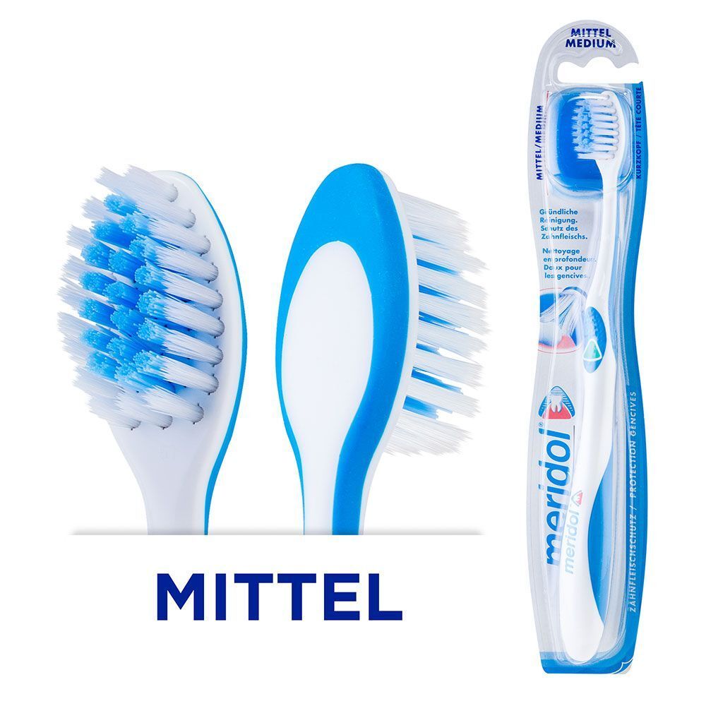 Brosse à dents à poils mi-durs, bleu et blanc. Emballage avec vue du produit et détails de la tête de brosse. Inscription : MITTEL.