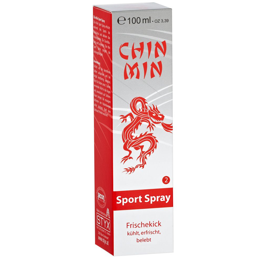 Emballage cylindrique avec logo rouge "CHIN MIN Sport Spray" et illustration de dragon. Texte: "Frischekick".