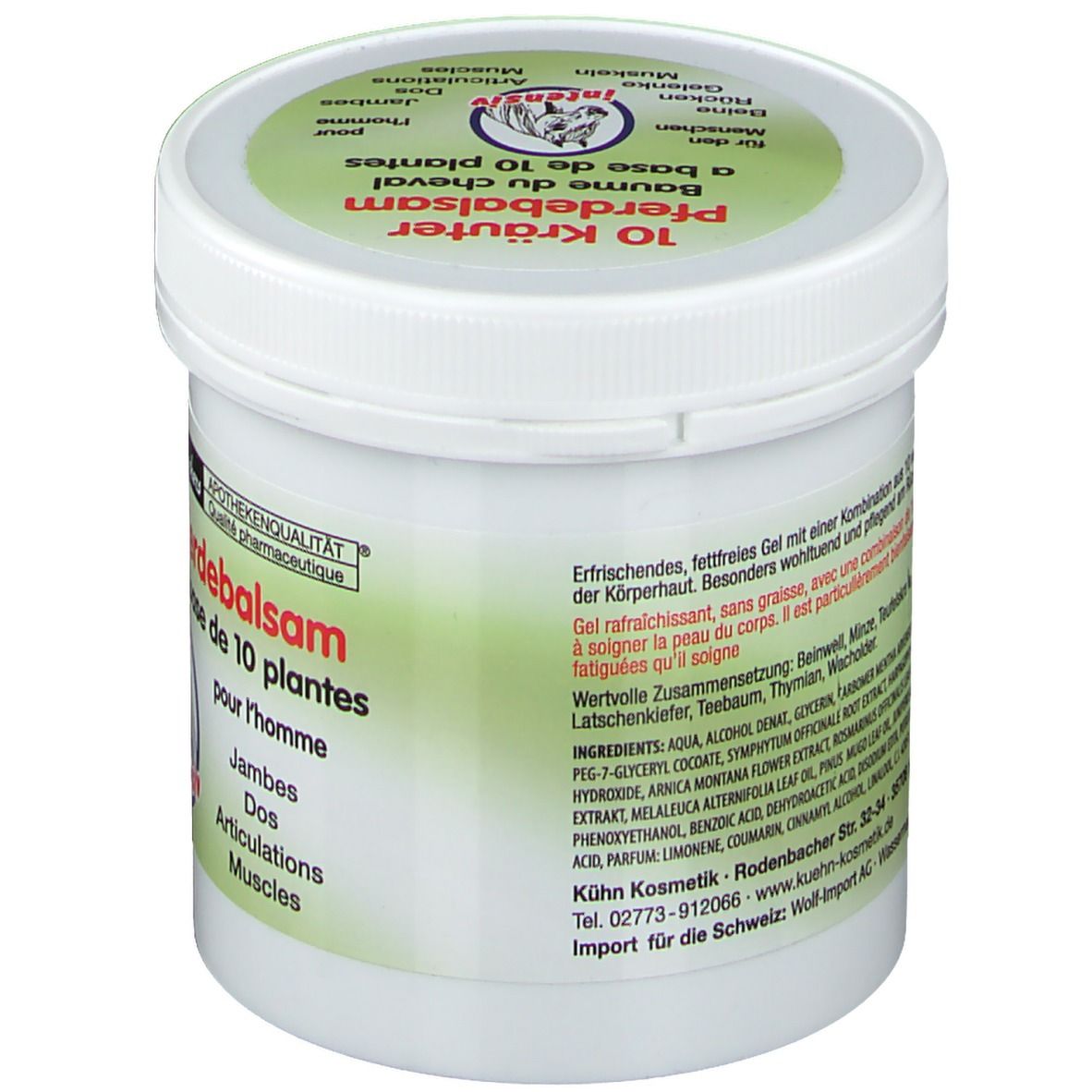 Pot blanc avec couvercle et étiquette verts. Inscription : 10 Kräuter Pferdebalsam. Dos avec ingrédients.