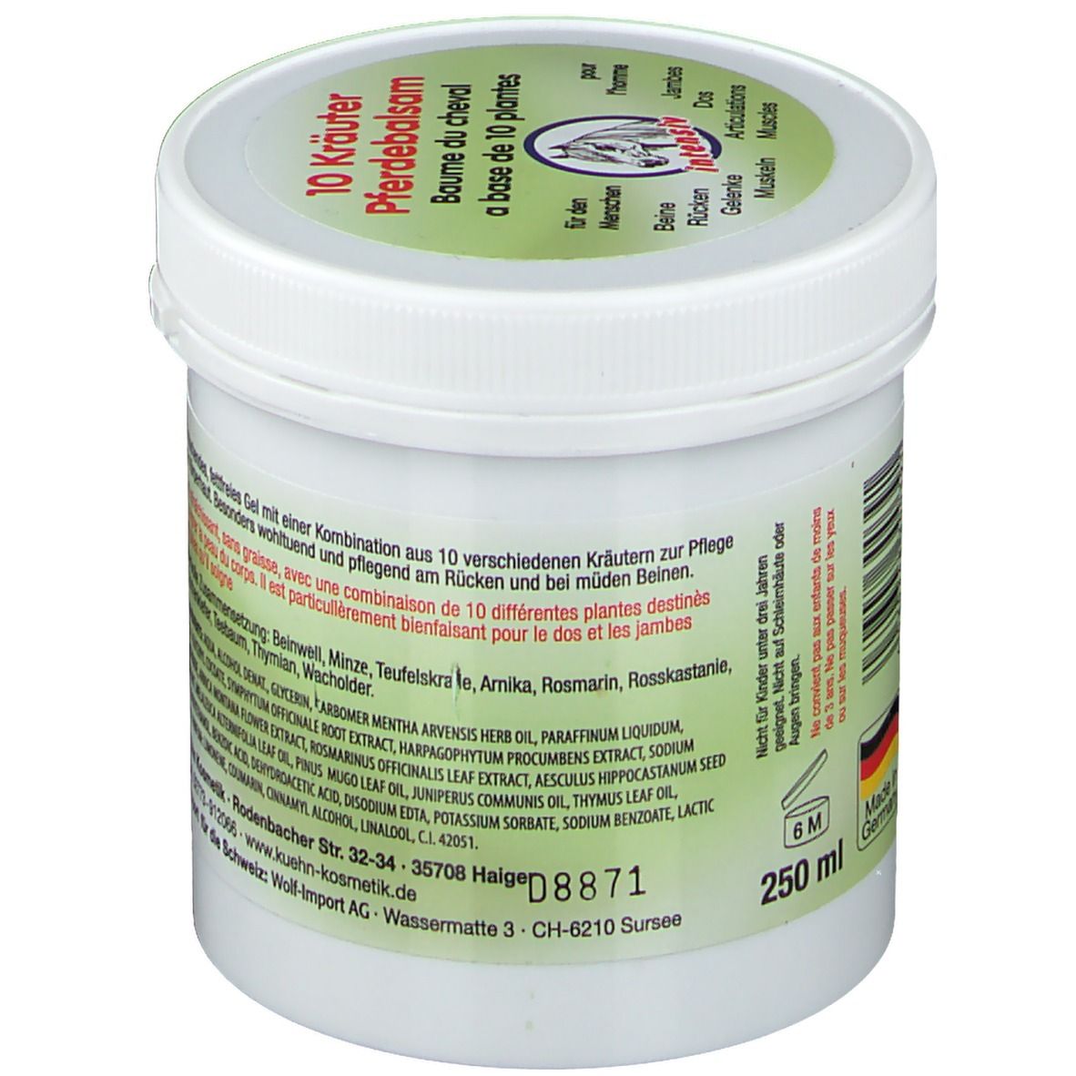 Pot blanc avec couvercle et étiquette verts. Inscription : 10 Kräuter Pferdebalsam. Dos avec ingrédients et avertissement.