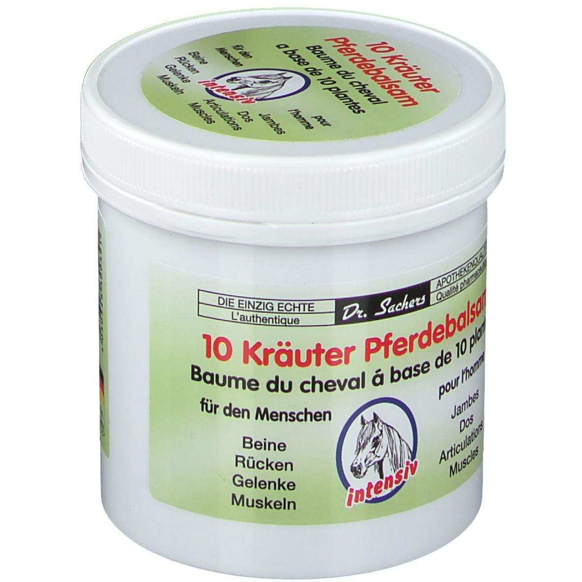 Pot blanc avec couvercle et étiquette verts. Inscription : 10 Kräuter Pferdebalsam. Logo : tête de cheval.