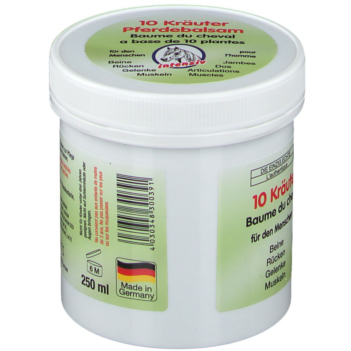 Pot blanc avec couvercle et étiquette verts. Inscription : 10 Kräuter Pferdebalsam. Dos avec ingrédients, 250 ml, Made in Germany.