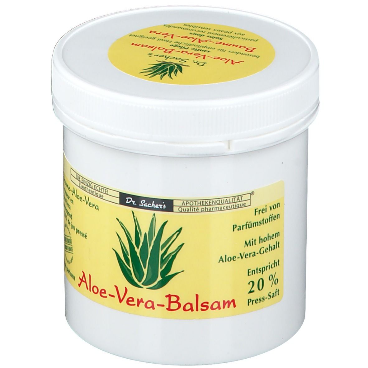 Pot blanc avec étiquette jaune. Inscription: Aloe-Vera-Balsam, 20% jus pressé, qualité pharmaceutique, sans parfum.