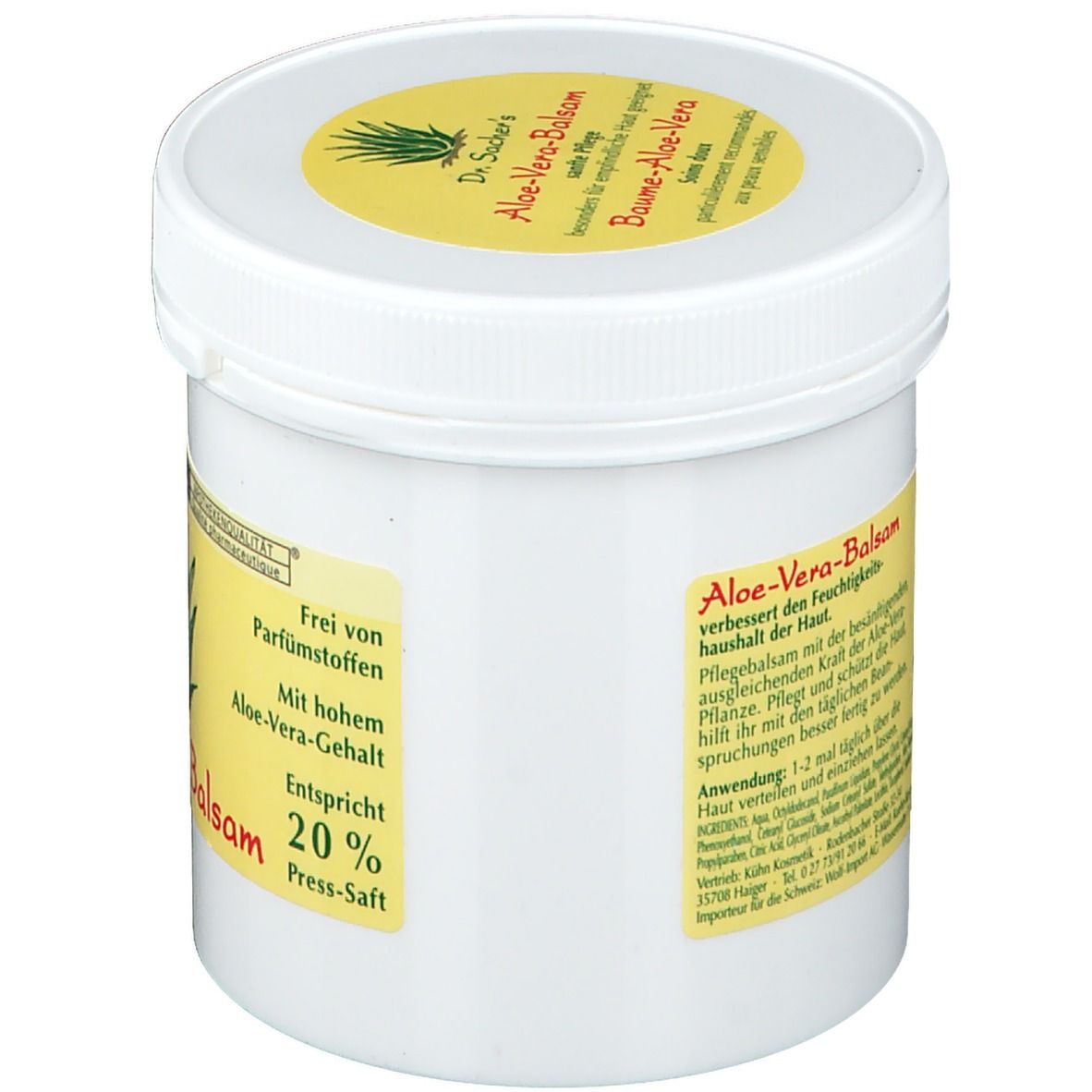 Pot blanc avec étiquette jaune. Inscription: Aloe-Vera-Balsam, 20% jus pressé, haute teneur en Aloe Vera, sans parfum.