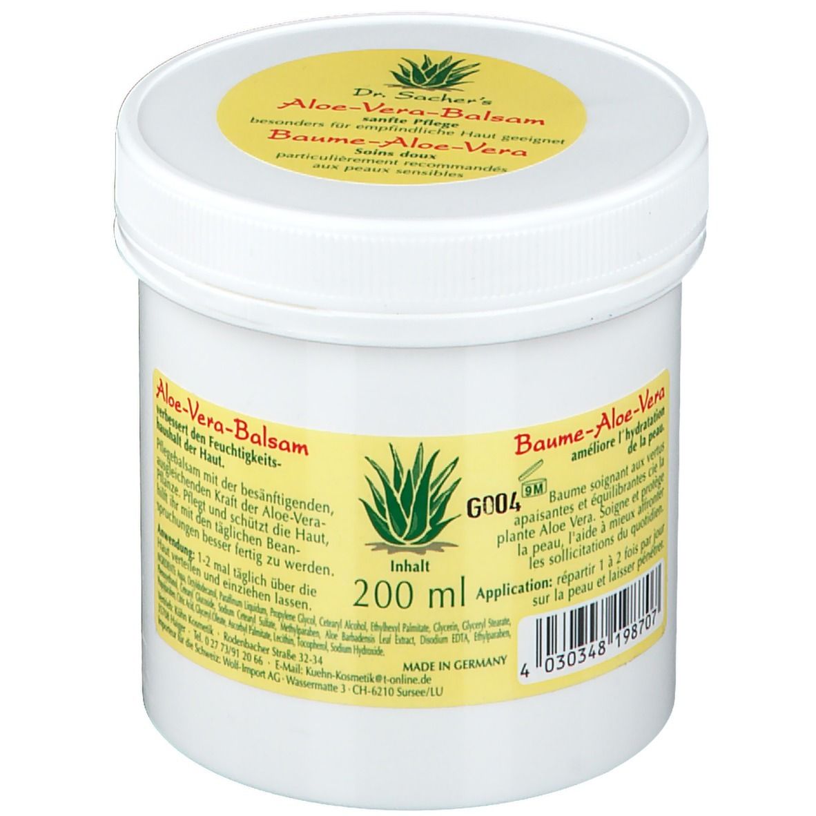 Pot blanc avec étiquette jaune. Inscription: Aloe-Vera-Balsam, 200 ml, qualité pharmaceutique. Contient de l'Aloe Vera. Avec instructions.