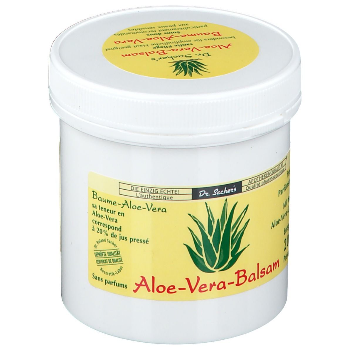Pot blanc avec étiquette jaune. Inscription: Aloe-Vera-Balsam, 20% jus pressé, qualité pharmaceutique, sans parfum.