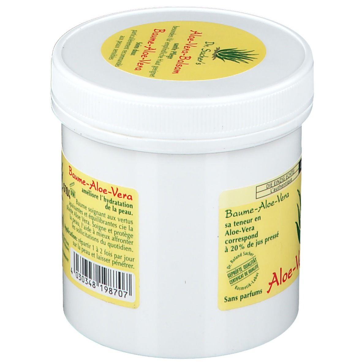 Pot blanc avec étiquette jaune. Inscription: Aloe-Vera-Balsam, 20% jus pressé, sans parfum, avec instructions.