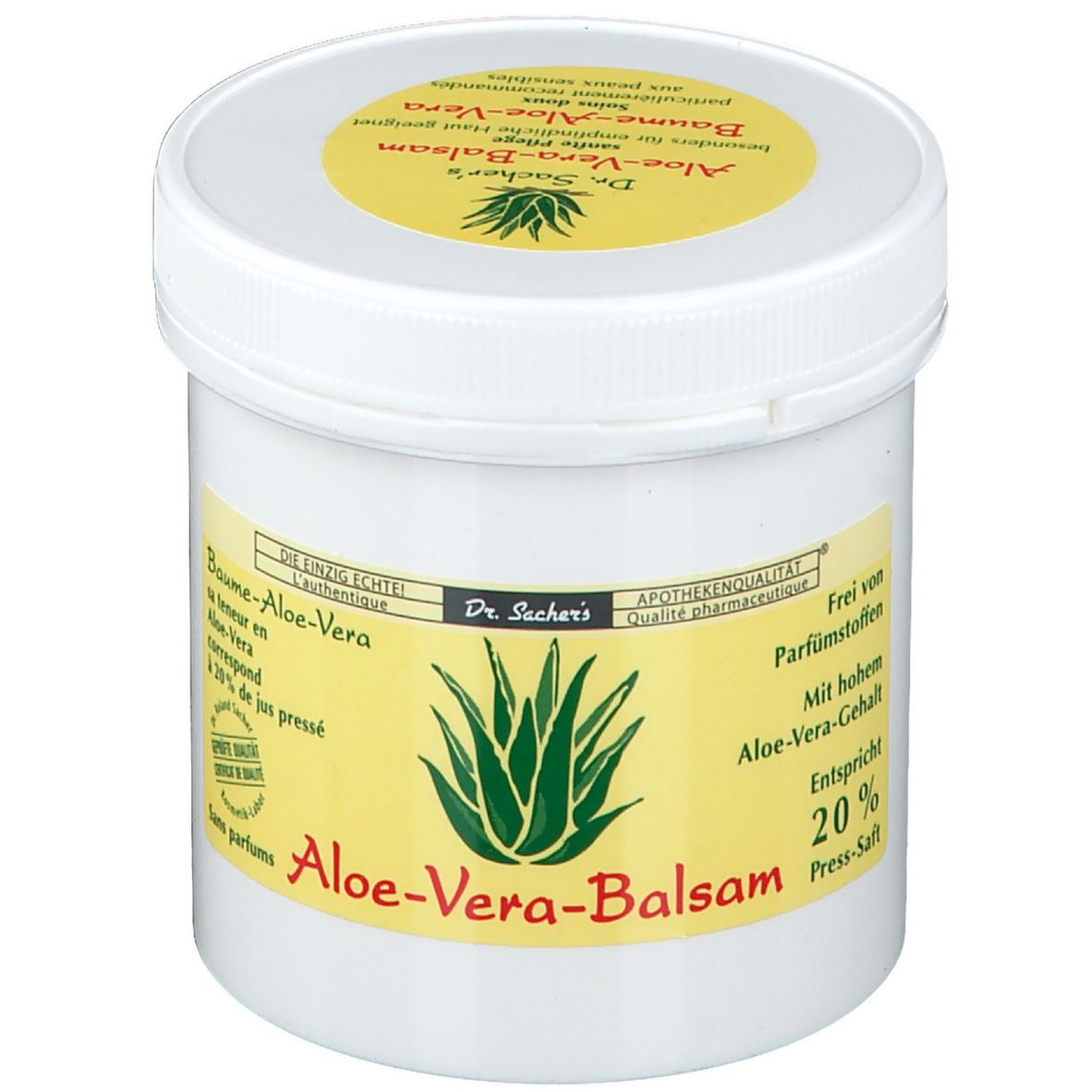 Pot blanc avec étiquette jaune. Inscription: Aloe-Vera-Balsam, 20% jus pressé, qualité pharmaceutique, sans parfum.