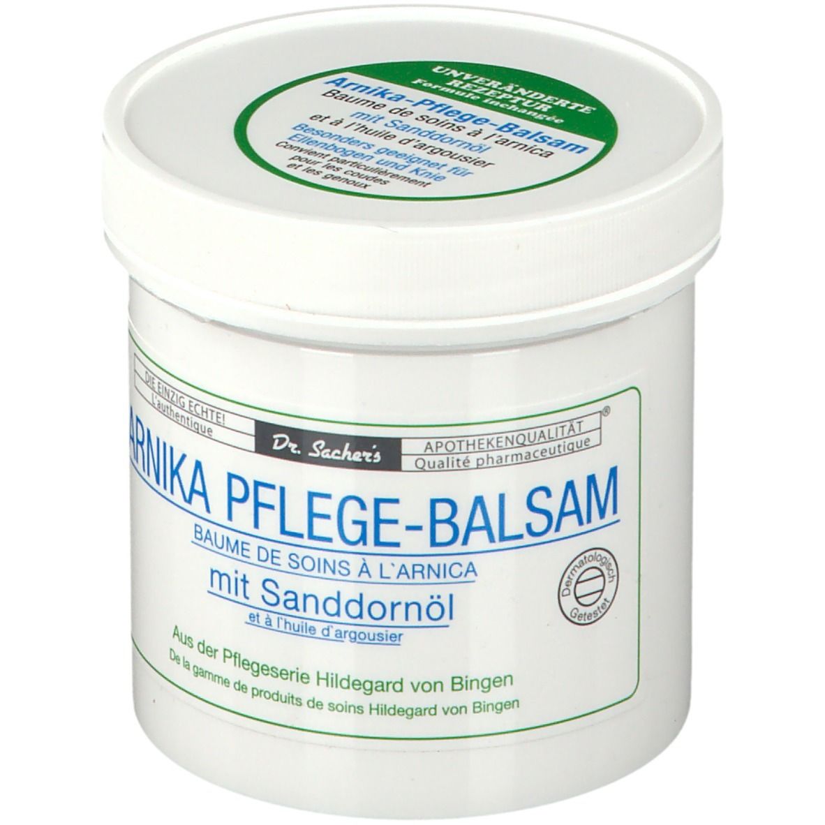Witte pot met groen-blauwe tekst. Opschrift: Arnika Pflege-Balsam mit Sanddornöl. Deksel met groene sticker.