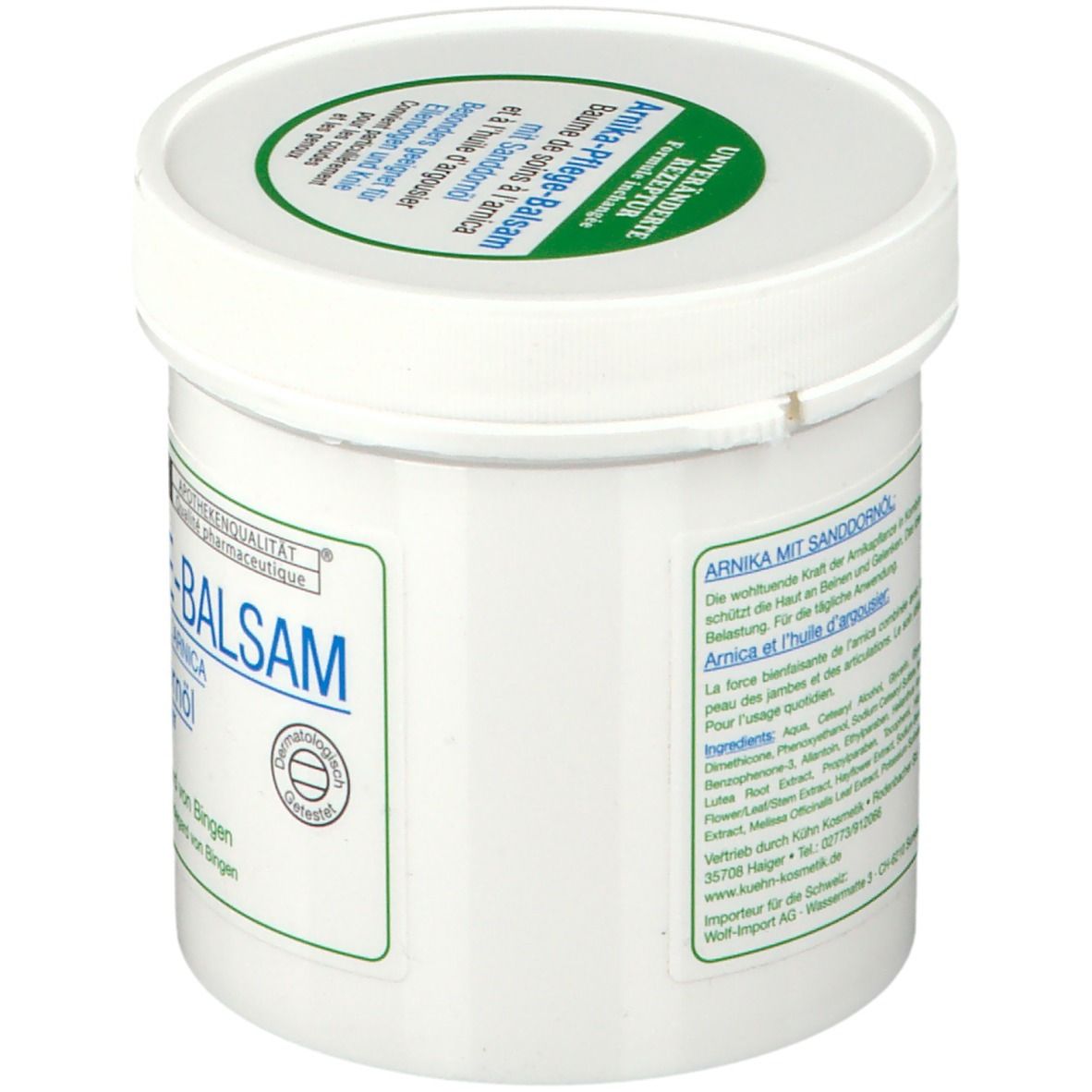 Witte pot met groen-blauwe tekst. Opschrift: Arnika Pflege-Balsam mit Sanddornöl. Zijaanzicht met tekst.