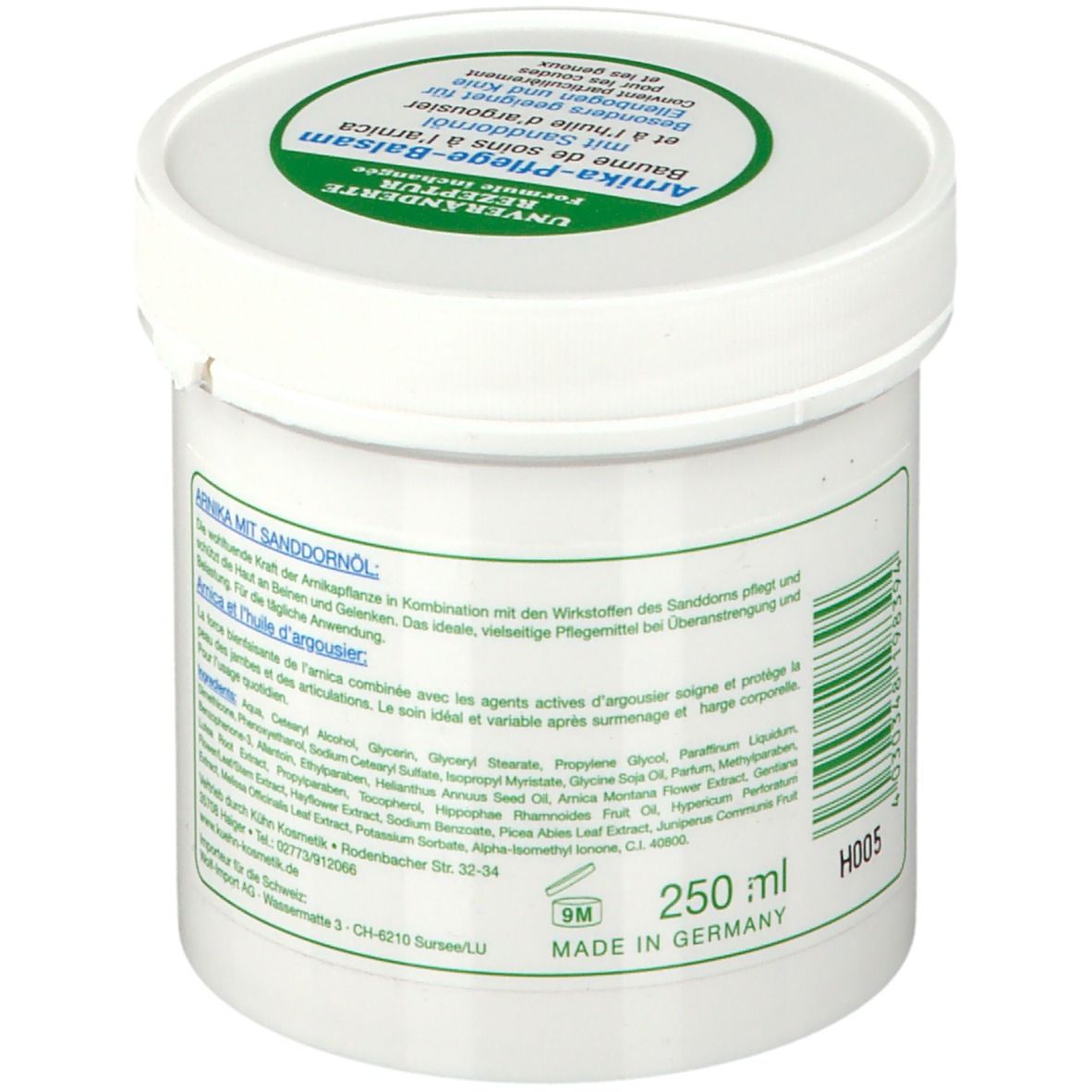 Witte pot met groen-blauwe tekst. Opschrift: Arnika Pflege-Balsam mit Sanddornöl. Achterkant met ingrediënten en 250 ml.