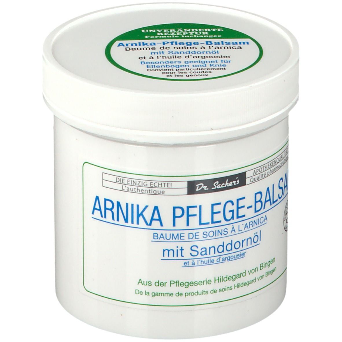 Witte pot met groen-blauwe tekst. Opschrift: Arnika Pflege-Balsam mit Sanddornöl. Deksel met groene sticker.
