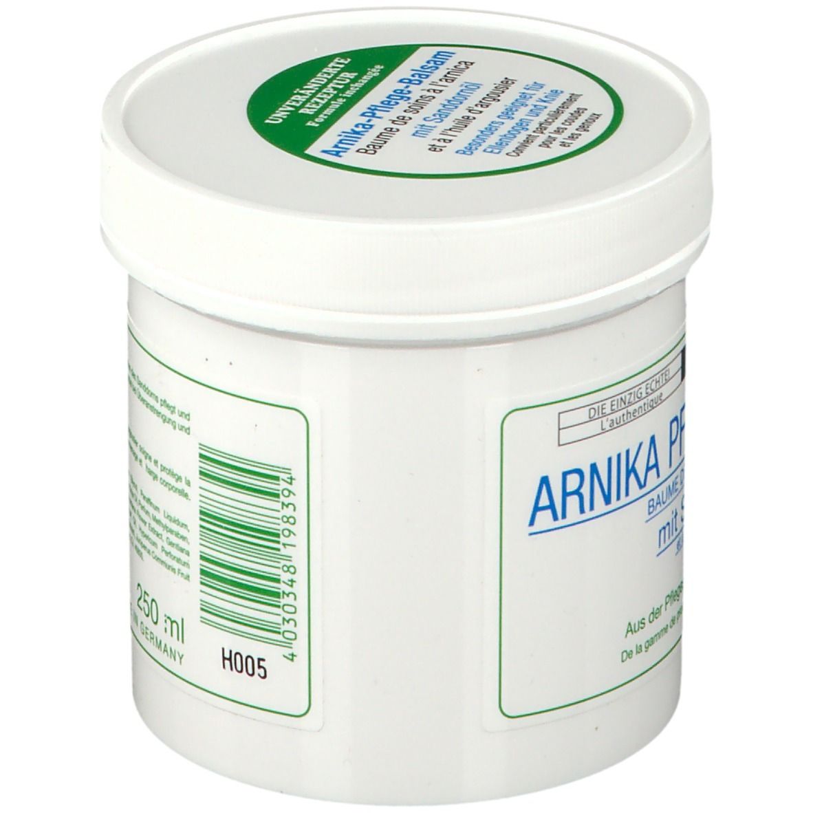 Witte pot met groen-blauwe tekst. Opschrift: Arnika Pflege-Balsam mit Sanddornöl. Achterkant met ingrediënten en 250 ml.