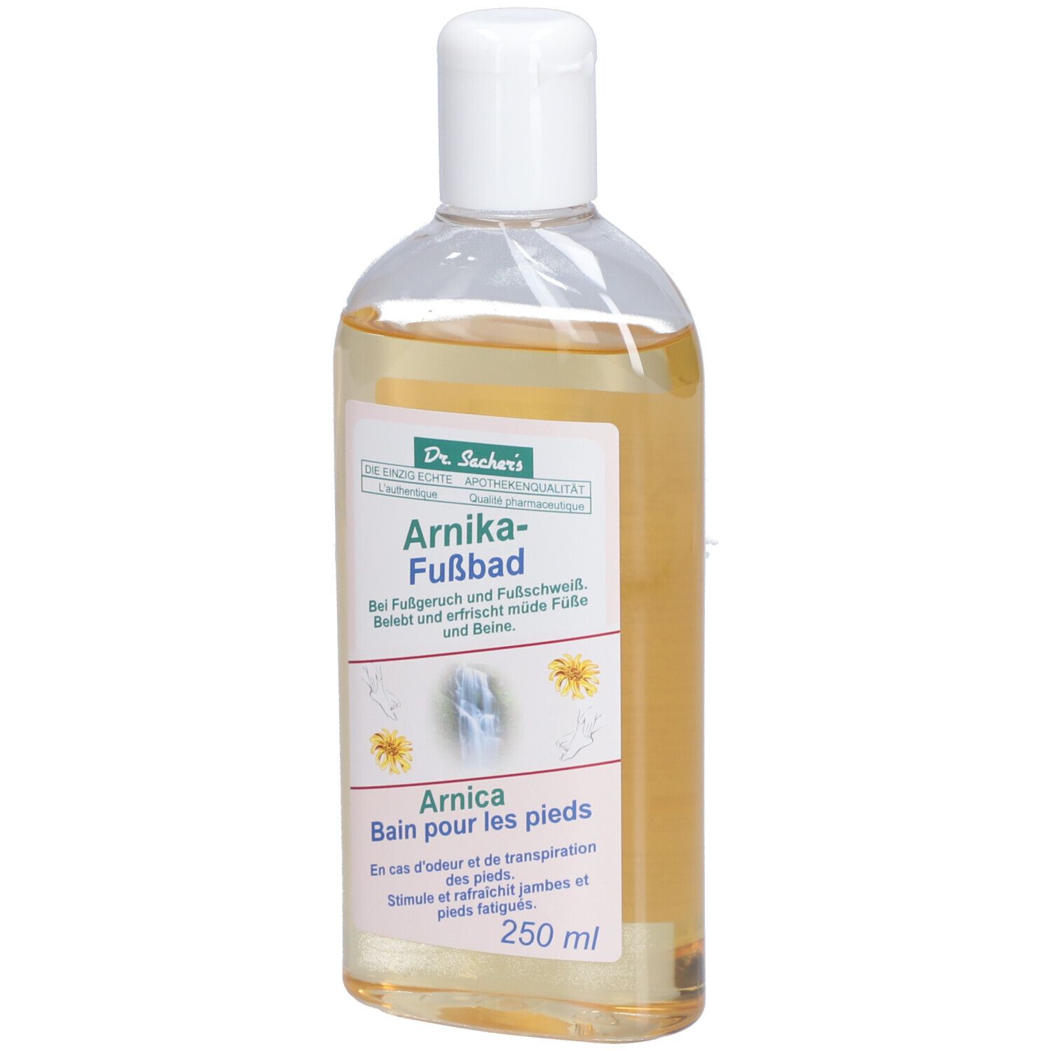 Flacon transparent avec liquide jaunâtre. Étiquette avec nom du produit et illustrations florales. Bouchon blanc.