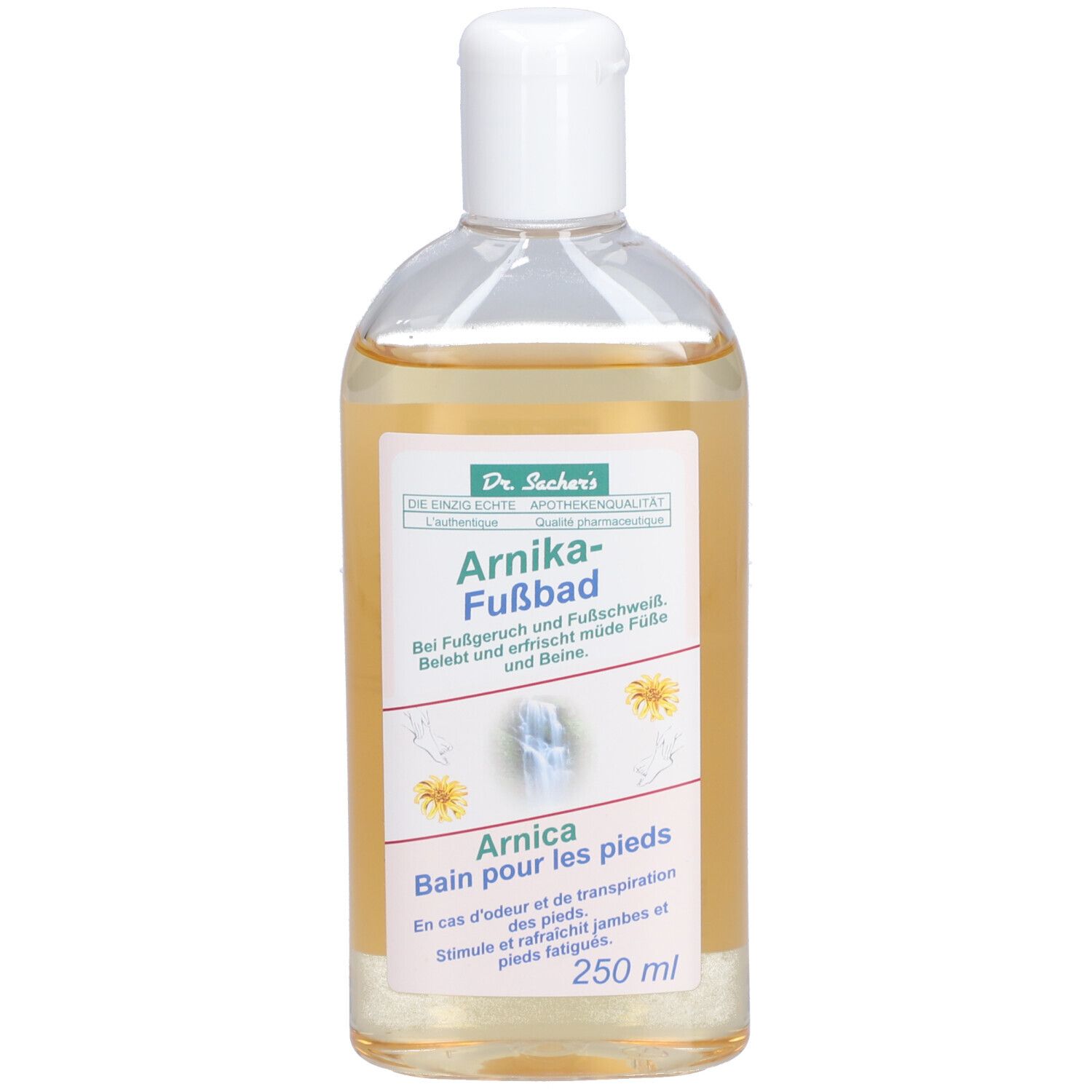 Flacon transparent avec liquide jaunâtre. Étiquette avec nom du produit et illustrations florales. Bouchon blanc.