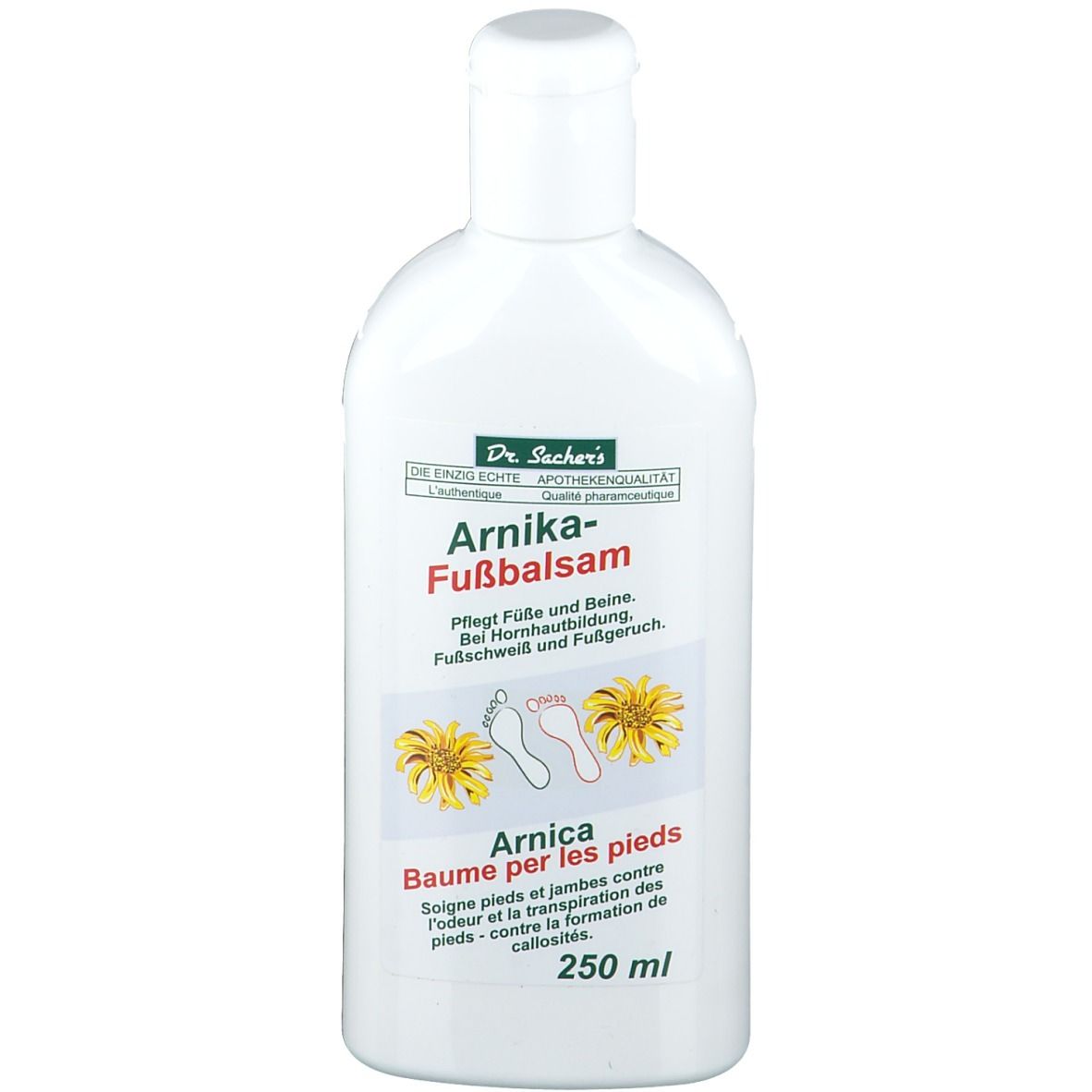 Witte fles met schroefdop. Opschrift: Arnika-Fußbalsam. Illustraties van voeten en zonnebloemen. 250 ml.