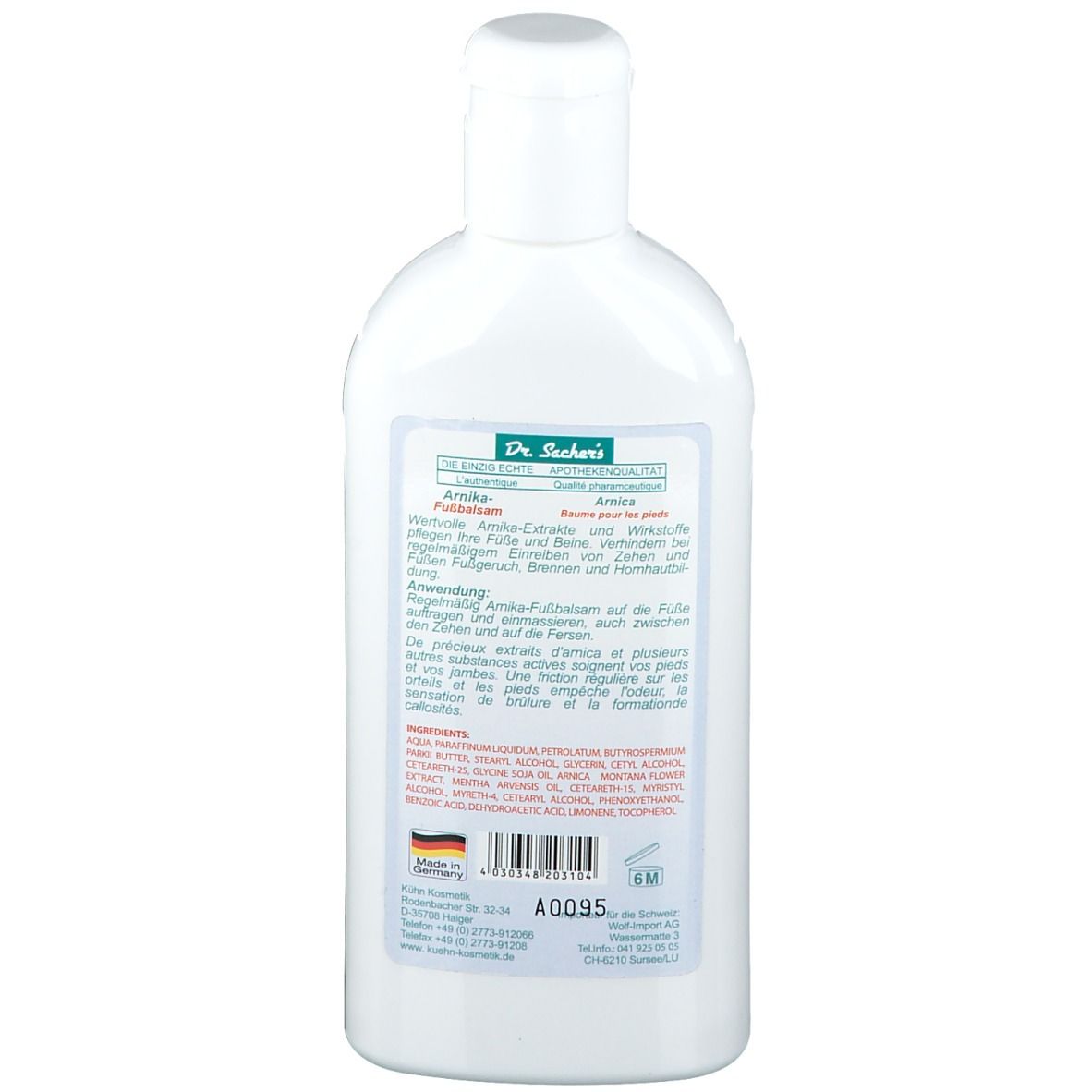 Achterkant van de witte fles. Tekst met ingrediënten en gebruiksaanwijzing. Streepjescode en land van herkomst: Duitsland.