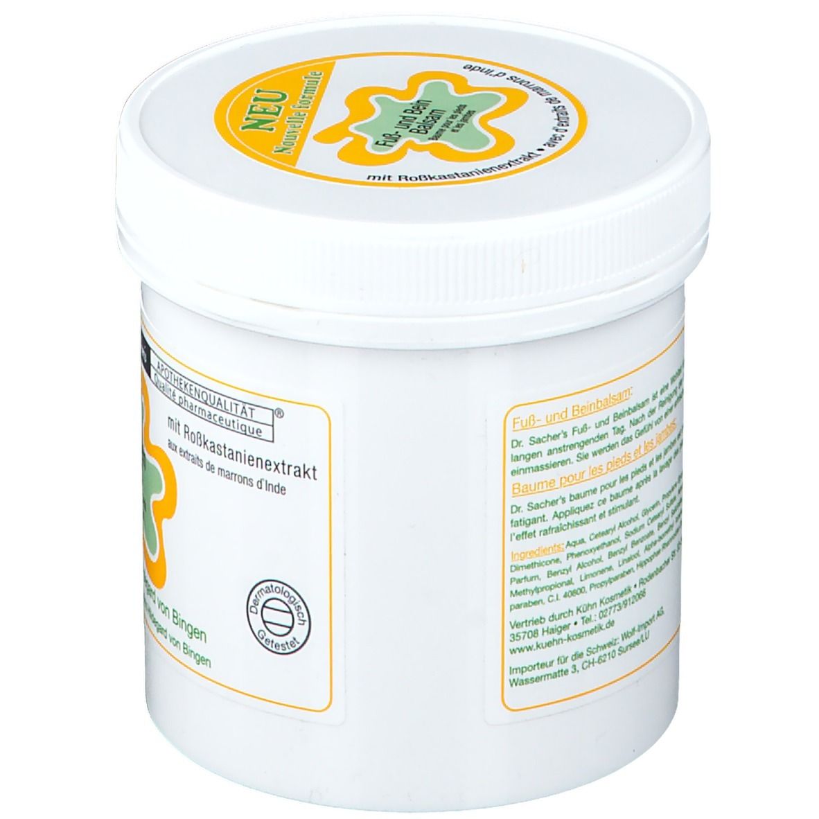 Pot blanc avec couvercle. Inscription: Fuß- und Beinbalsam. Étiquettes avec texte et ingrédients. Qualité pharmacie.