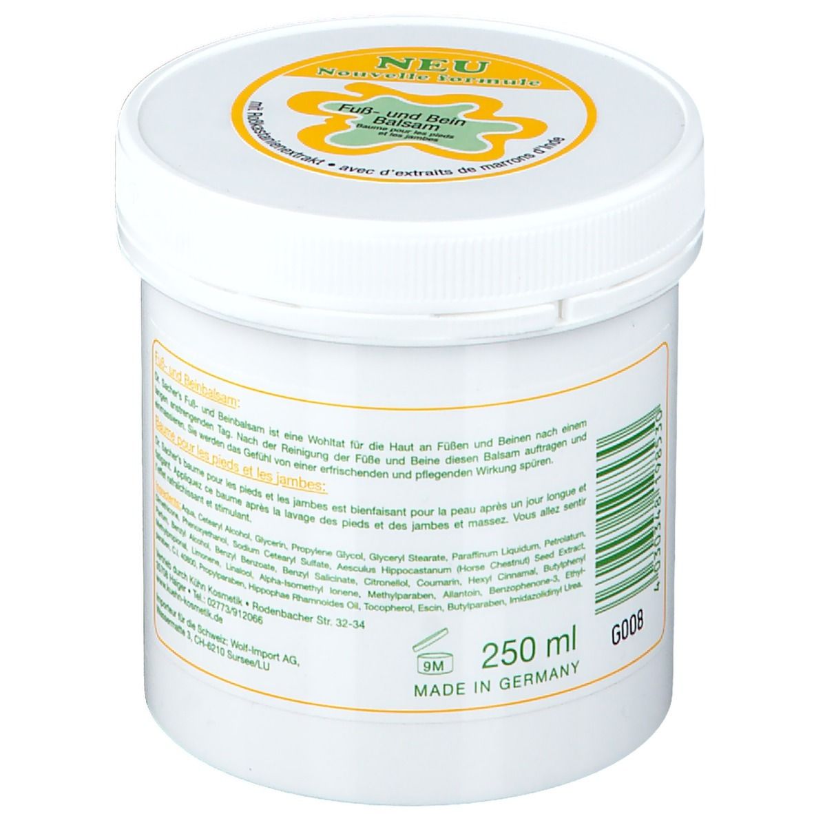 Pot blanc avec couvercle. Inscription: Fuß- und Beinbalsam. Dos avec texte et ingrédients. 250 ml.