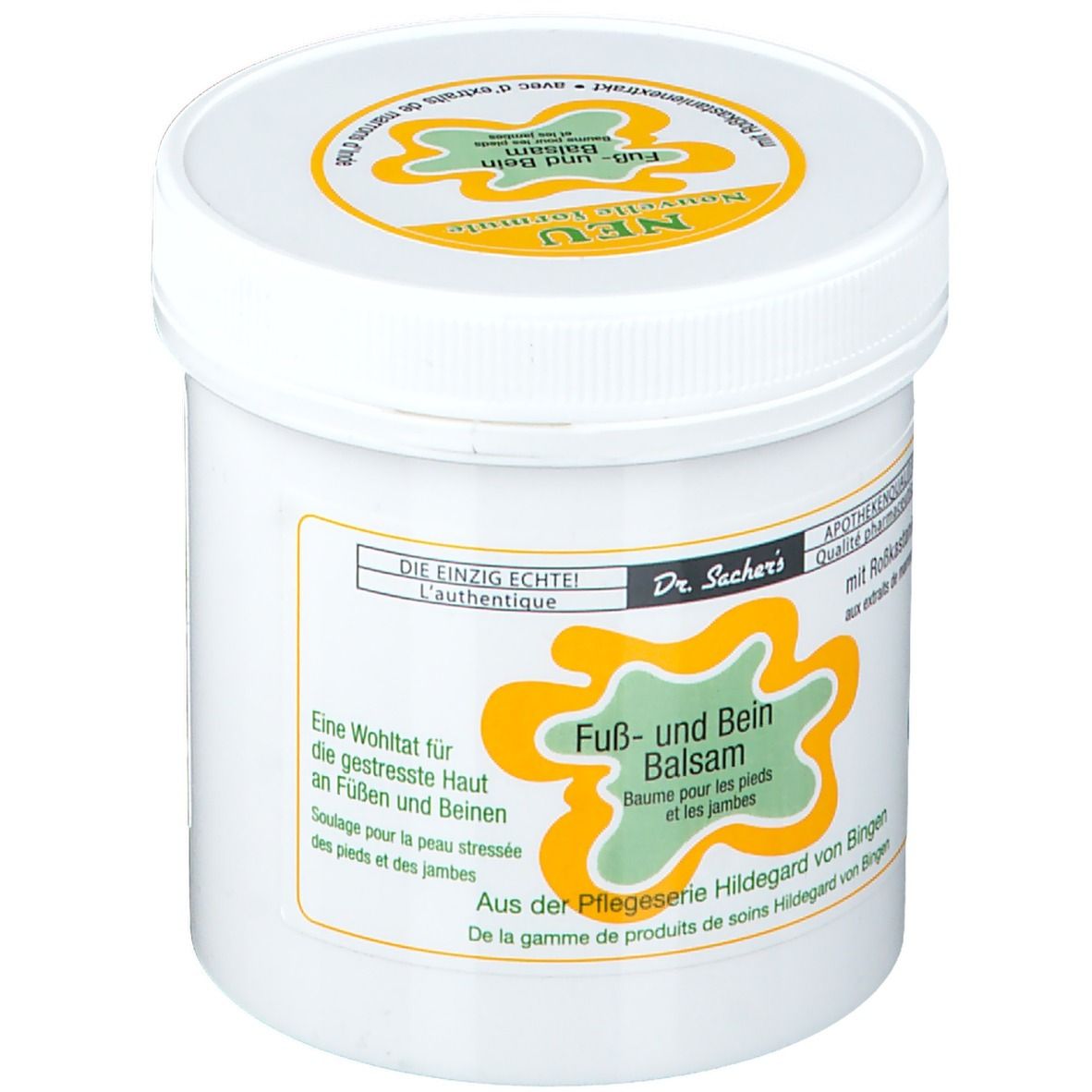Pot blanc avec couvercle. Inscription: Fuß- und Beinbalsam. Étiquette jaune avec des accents verts. Qualité pharmacie.