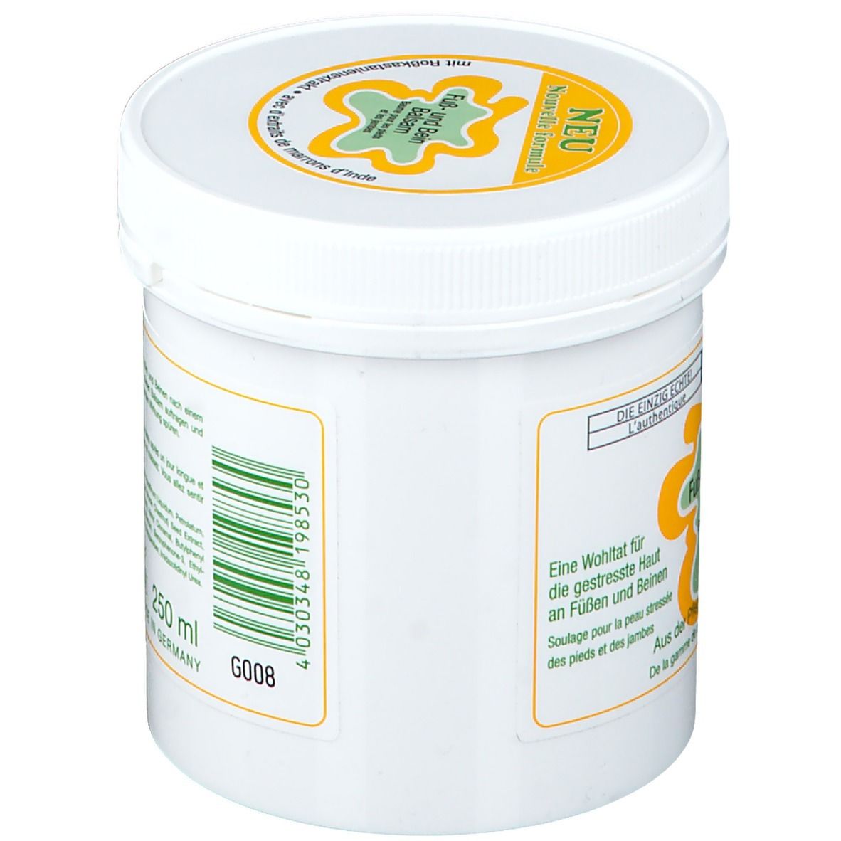 Pot blanc avec couvercle. Inscription: Fuß- und Beinbalsam. Dos avec texte et ingrédients. 250 ml. Code-barres.