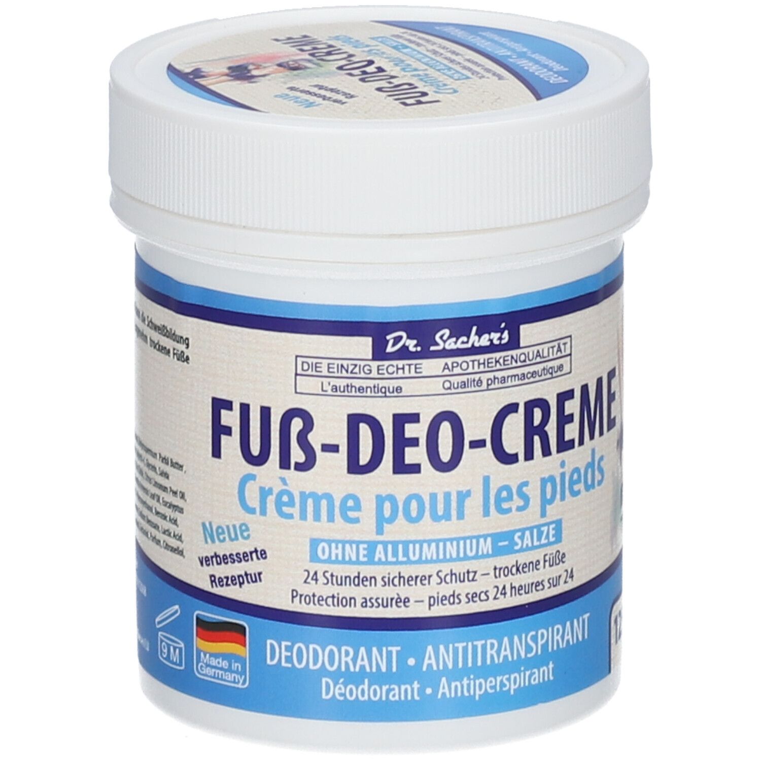 Witte pot met blauwe deksel. Opschrift: Fuß-Deo-Creme, zonder aluminium, deodorant, antitranspirant. Apotheekkwaliteit.