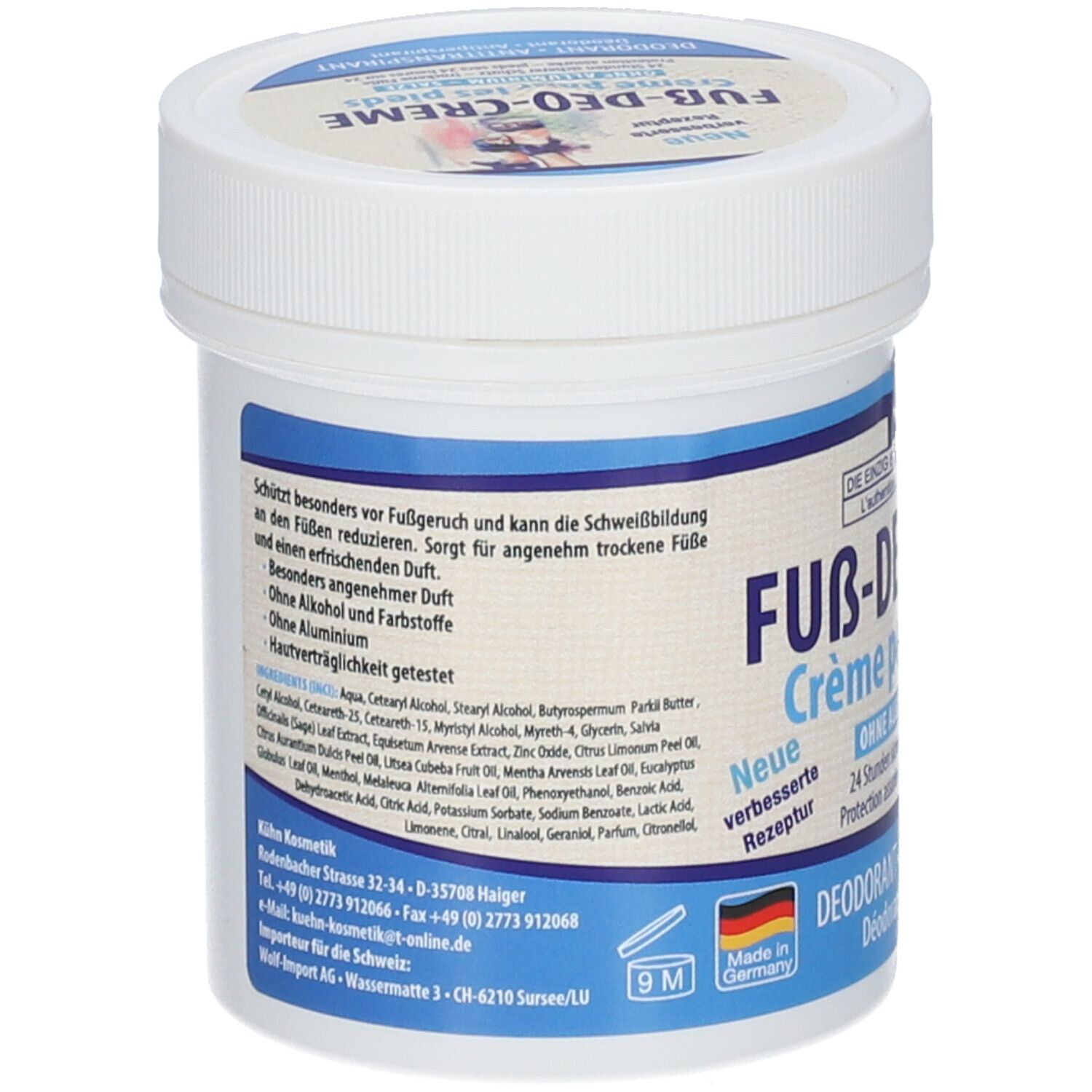Witte pot met blauwe opschrift. Bevat ingrediënten. Opschrift: Fuß-Deo-Creme, zonder aluminium. Gemaakt in Duitsland.