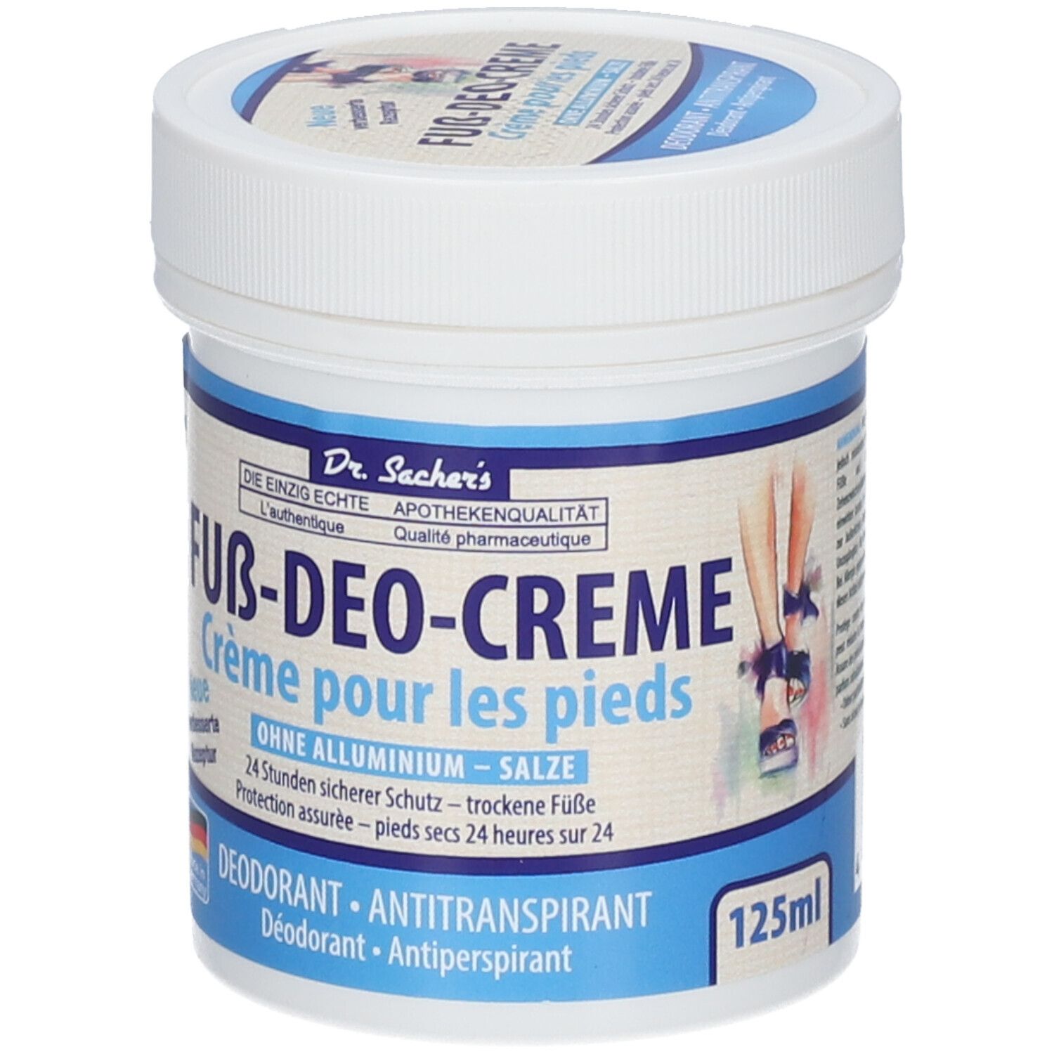 Witte pot met blauwe deksel. Opschrift: Fuß-Deo-Creme, zonder aluminium, deodorant, antitranspirant. 125ml.